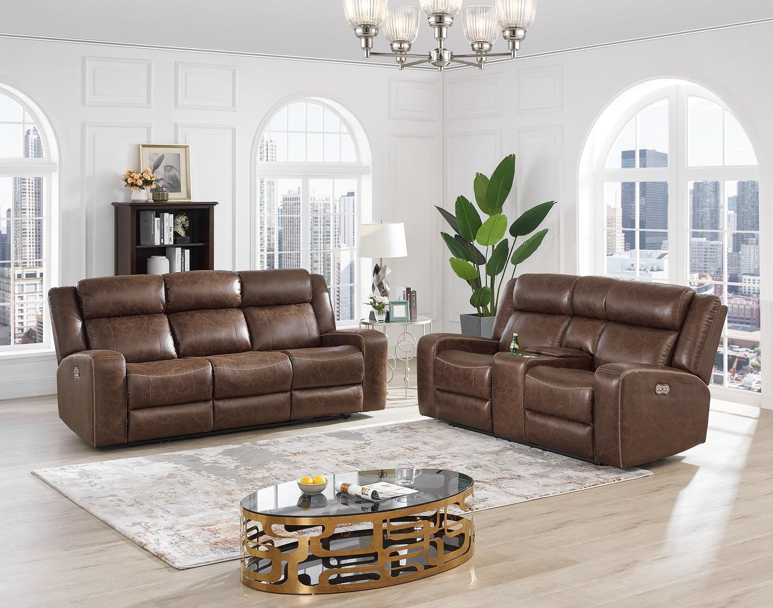 New Classic Furniture Atticus Dual Recliner Sofa with Power Footrest in Mocha - Ideal Furniture (Fresno,CA)