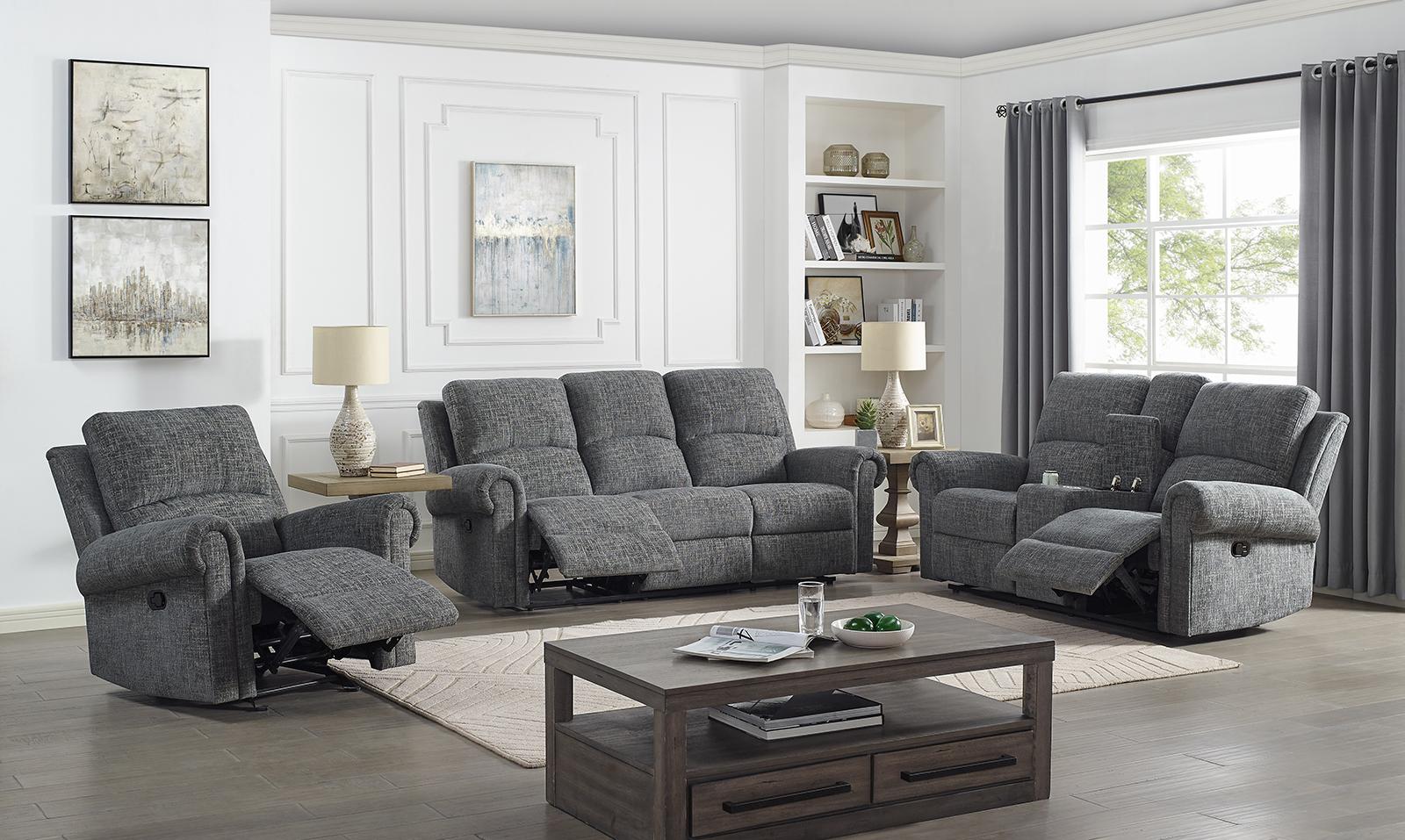 New Classic Furniture Connor Console Loveseat with Dual Recliners in Gray - Ideal Furniture (Fresno,CA)