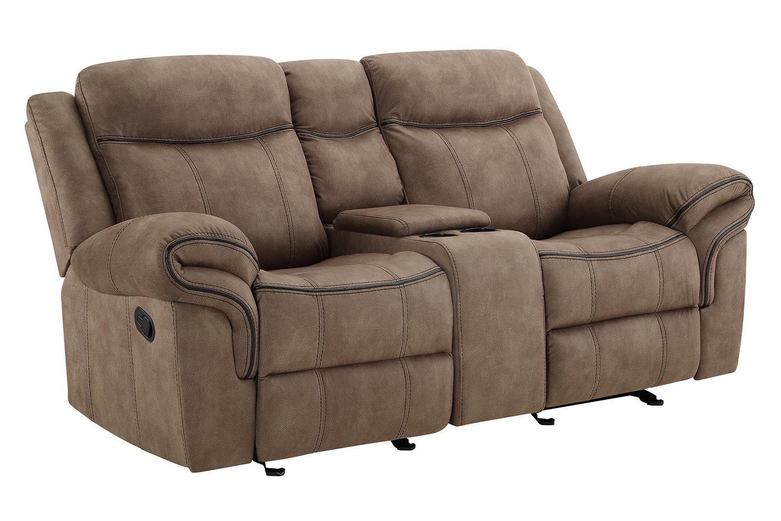 New Classic Furniture Harley Glider Console Loveseat with Dual Recliners in Light Brown - Ideal Furniture (Fresno,CA)