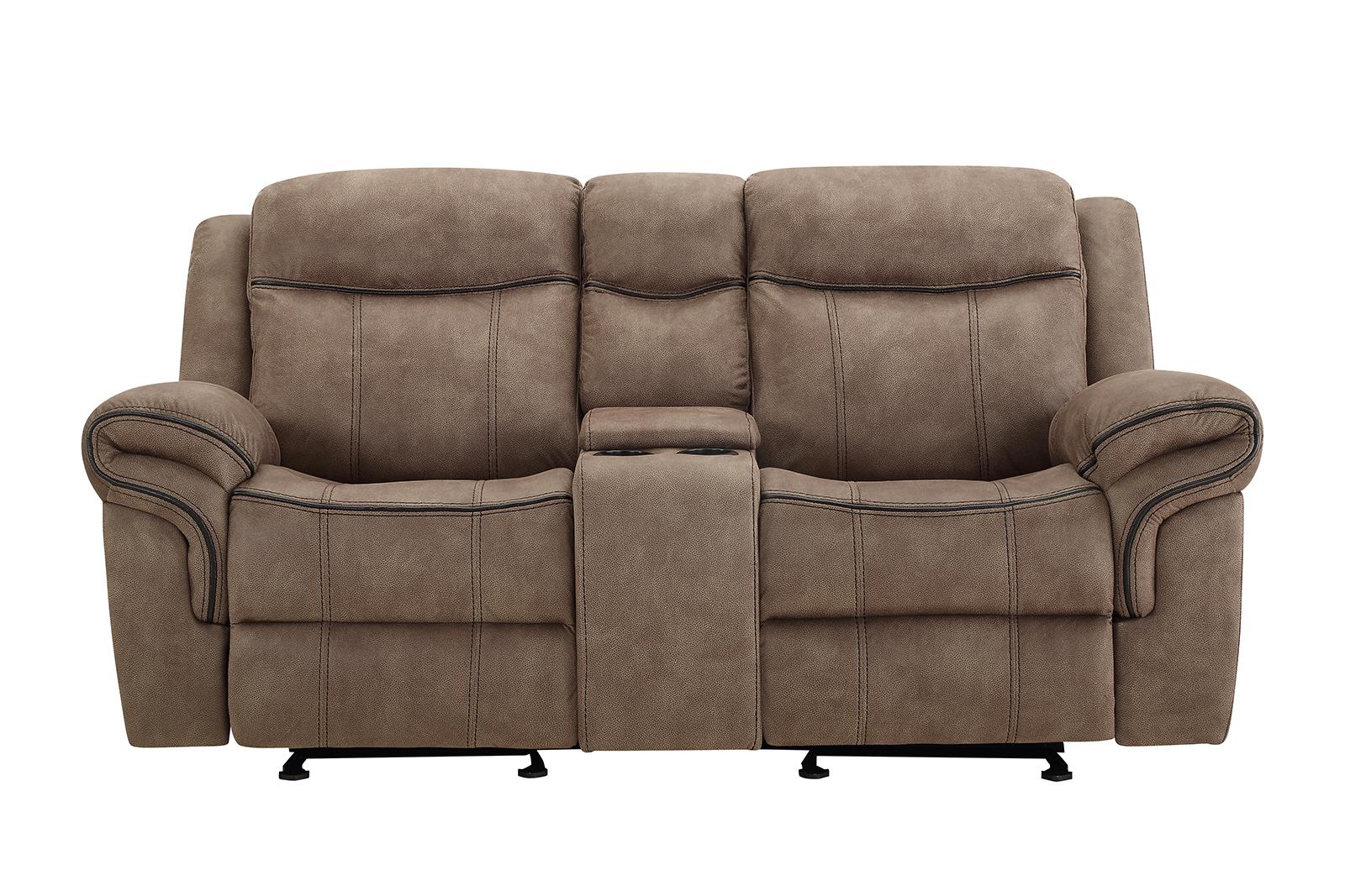 New Classic Furniture Harley Glider Console Loveseat with Dual Recliners in Light Brown - Ideal Furniture (Fresno,CA)