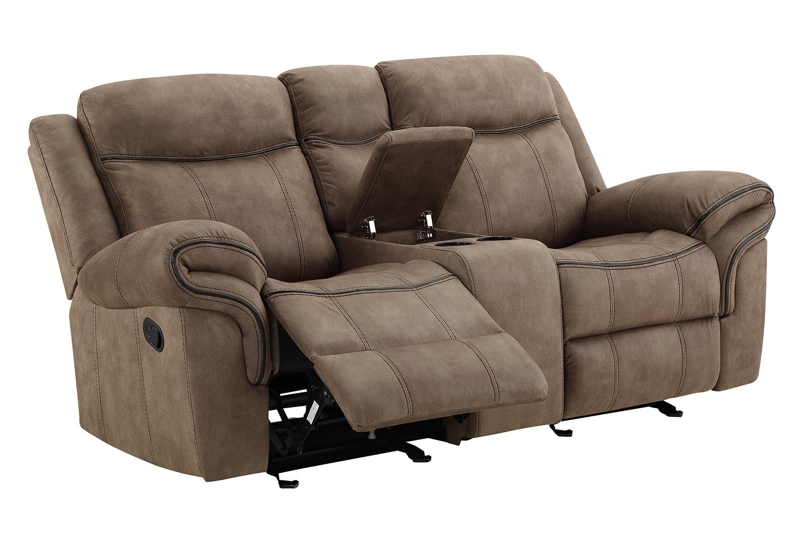 New Classic Furniture Harley Glider Console Loveseat with Dual Recliners in Light Brown - Ideal Furniture (Fresno,CA)