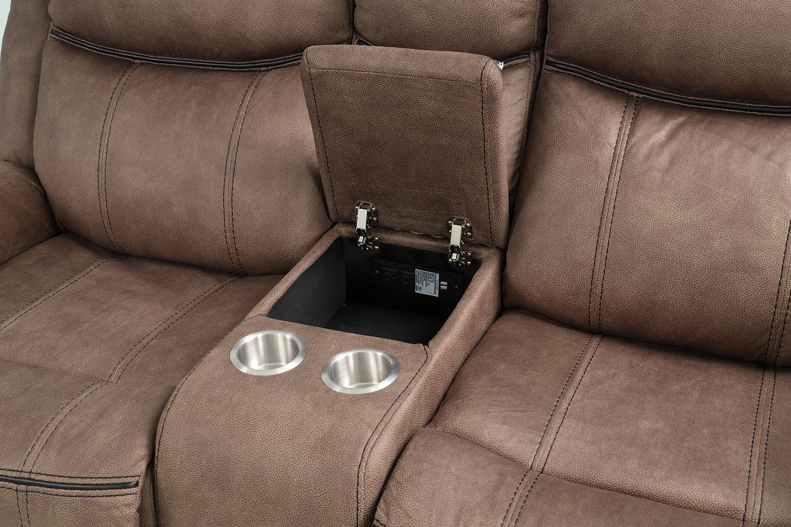 New Classic Furniture Harley Glider Console Loveseat with Dual Recliners in Light Brown - Ideal Furniture (Fresno,CA)