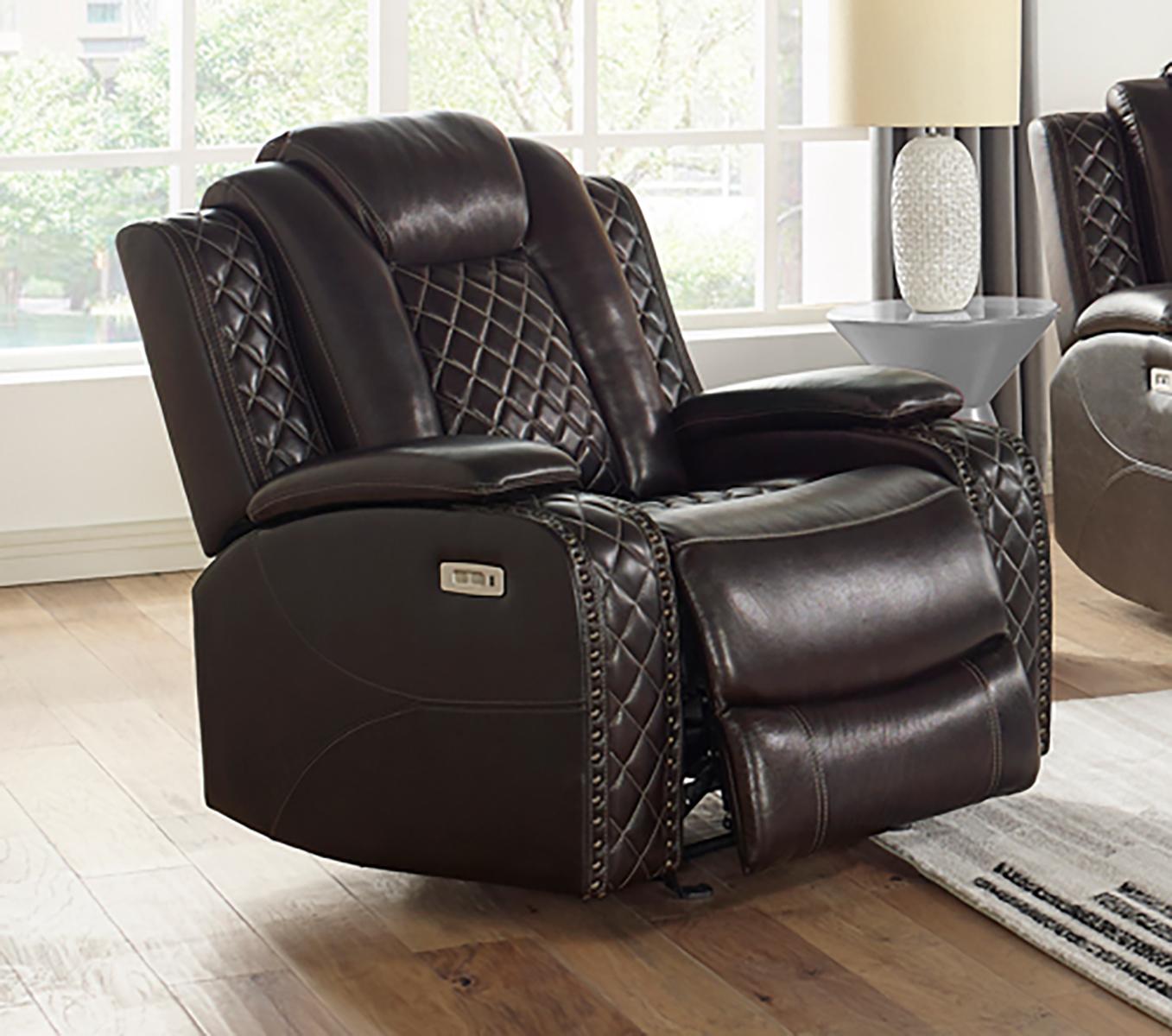 New Classic Furniture Joshua Glider Recliner with Power Headrest and Footrest in Dark Brown - Ideal Furniture (Fresno,CA)