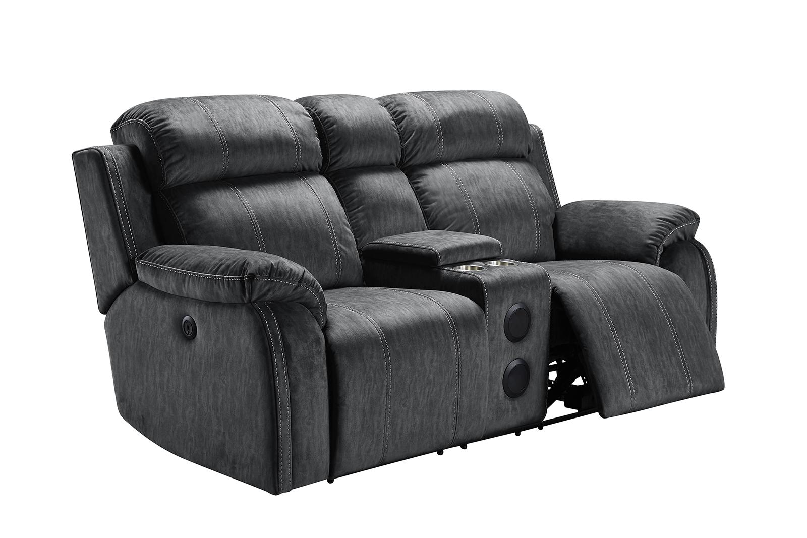 New Classic Furniture Tango Console Loveseat with Speaker and Power Footrest in Shadow - Ideal Furniture (Fresno,CA)