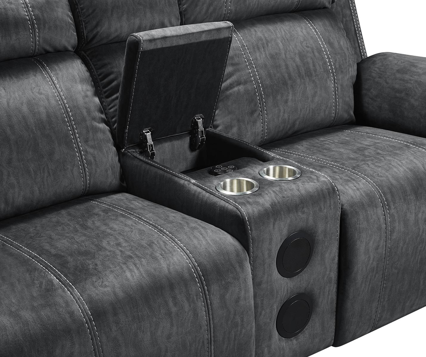 New Classic Furniture Tango Console Loveseat with Speaker and Power Footrest in Shadow - Ideal Furniture (Fresno,CA)