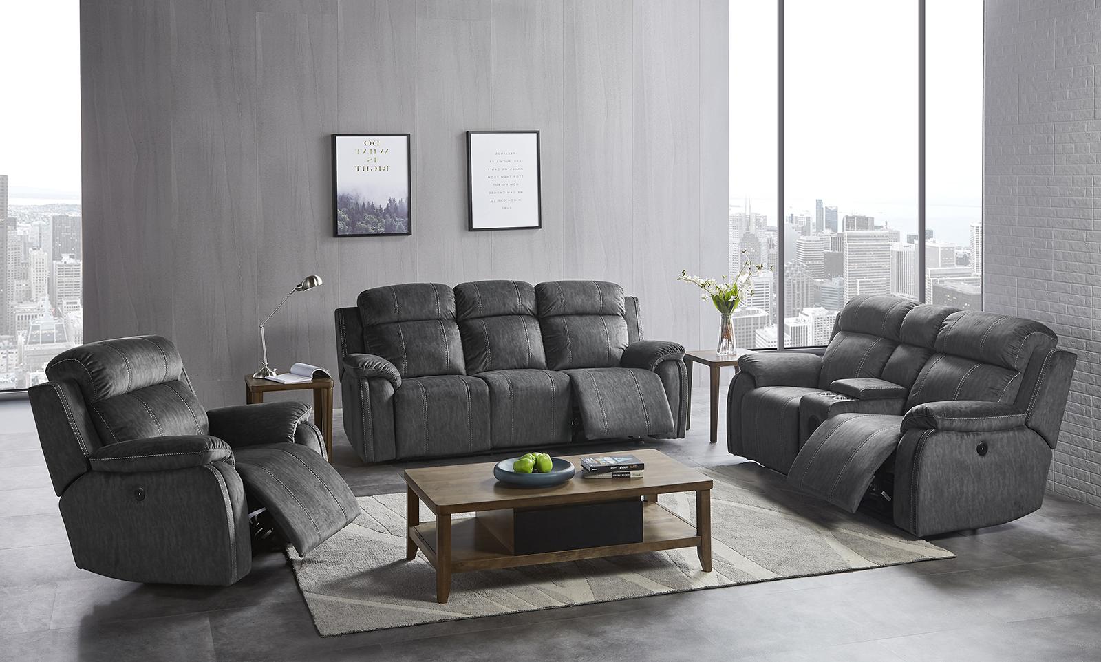 New Classic Furniture Tango Console Loveseat with Speaker and Power Footrest in Shadow - Ideal Furniture (Fresno,CA)