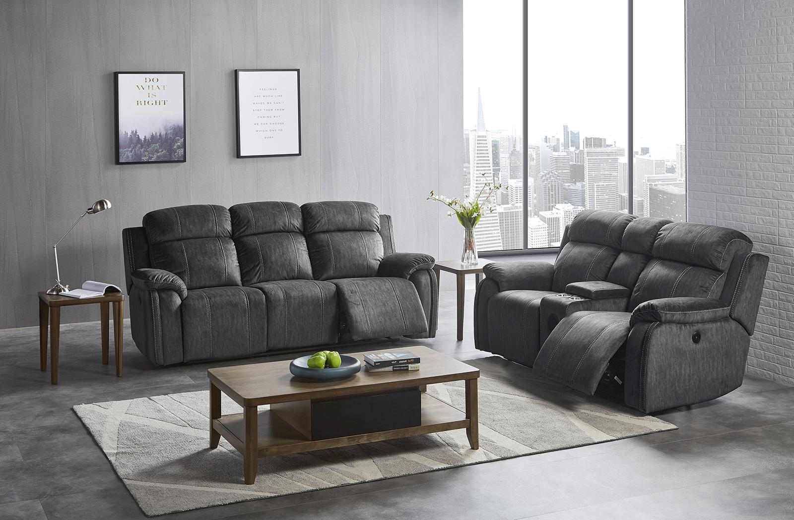 New Classic Furniture Tango Console Loveseat with Speaker and Power Footrest in Shadow - Ideal Furniture (Fresno,CA)