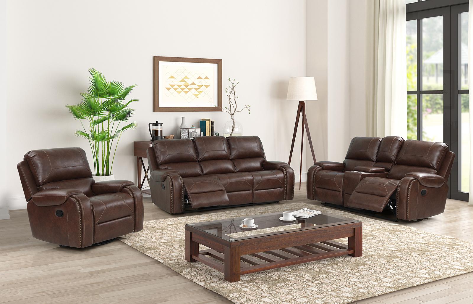 New Classic Furniture Taos Dual Recliner Glider Console Loveseat in Caramel - Ideal Furniture (Fresno,CA)