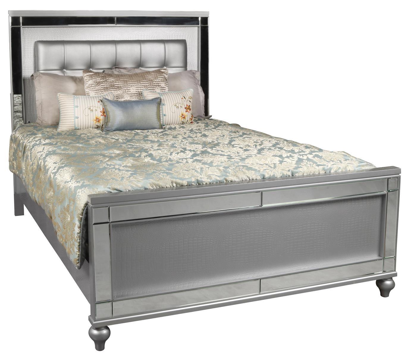 New Classic Furniture Valentino California King Upholstered Lighted Bed in Silver - Ideal Furniture (Fresno,CA)