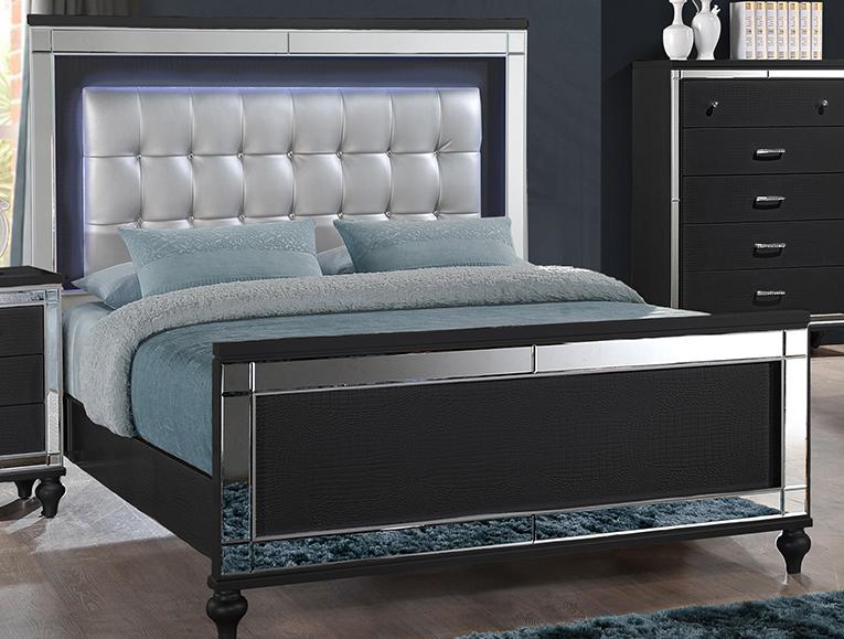 New Classic Furniture Valentino Queen Lighted Panel Bed in Black - Ideal Furniture (Fresno,CA)