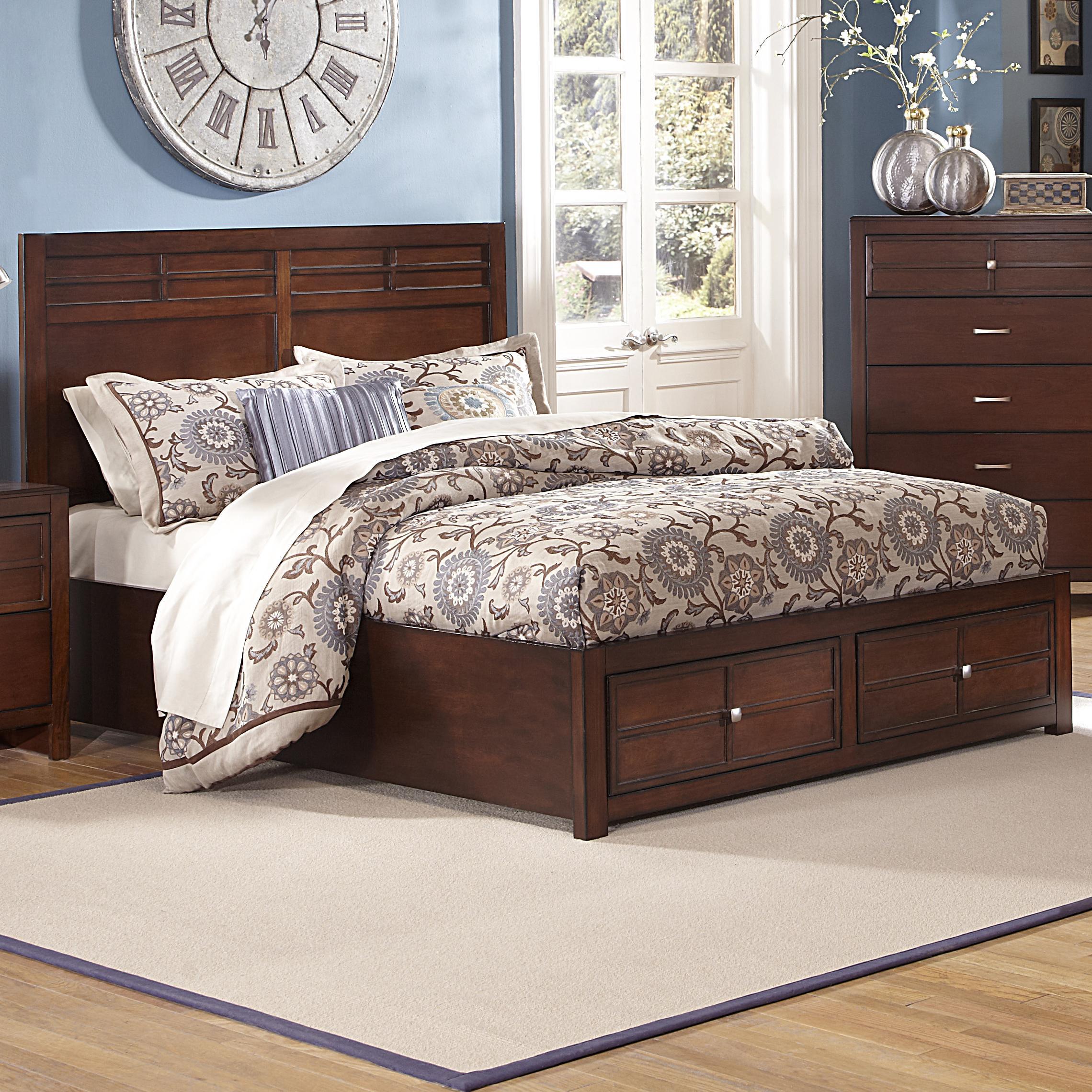 New Classic Kensington King Low Profile Bed with Storage Footboard in Burnished Cherry - Ideal Furniture (Fresno,CA)