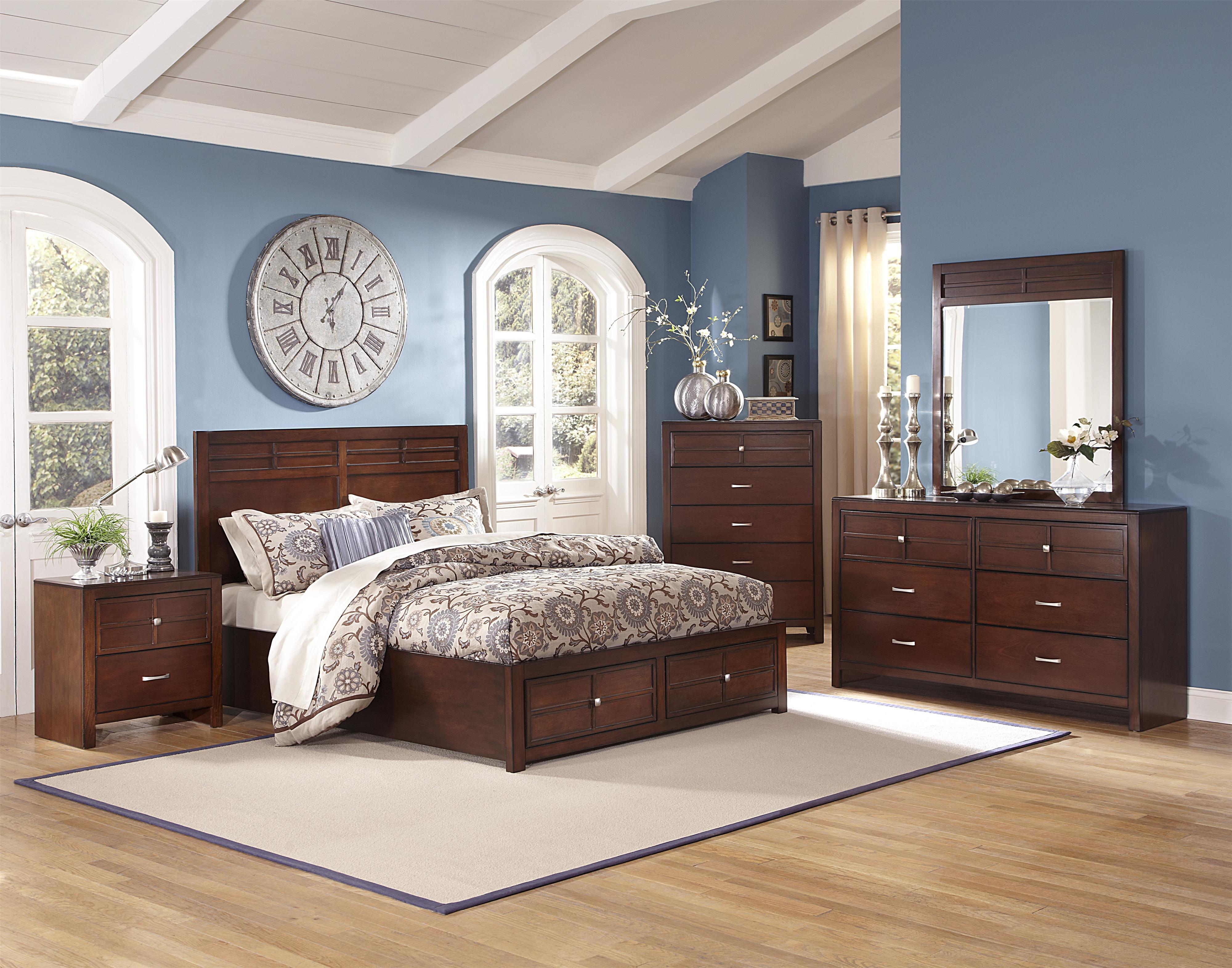 New Classic Kensington Queen Low Profile Bed with Storage Footboard in Burnished Cherry - Ideal Furniture (Fresno,CA)