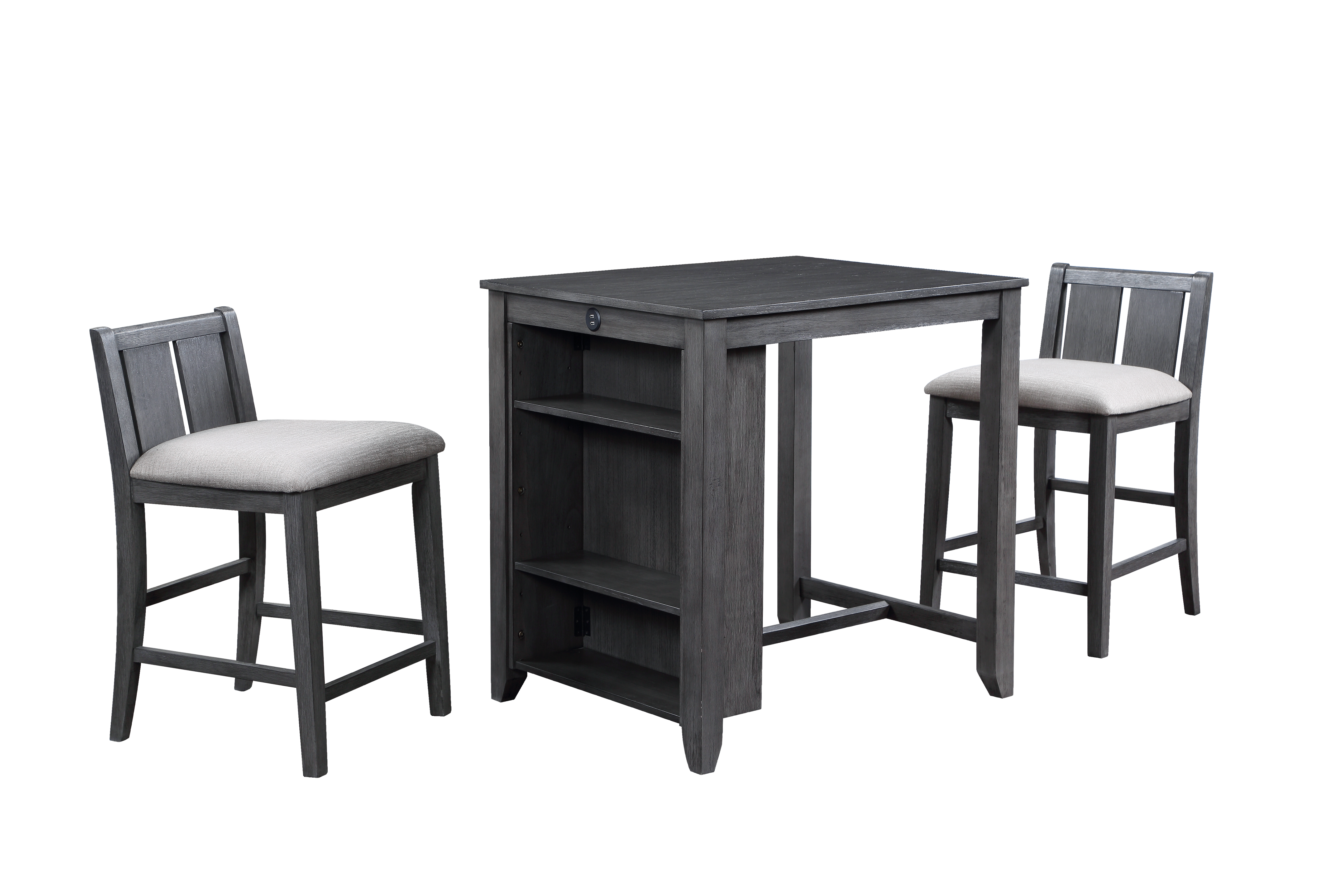HESTON 36" STORAGE COUNTER TABLE SET W/2 CHAIRS-GRAY