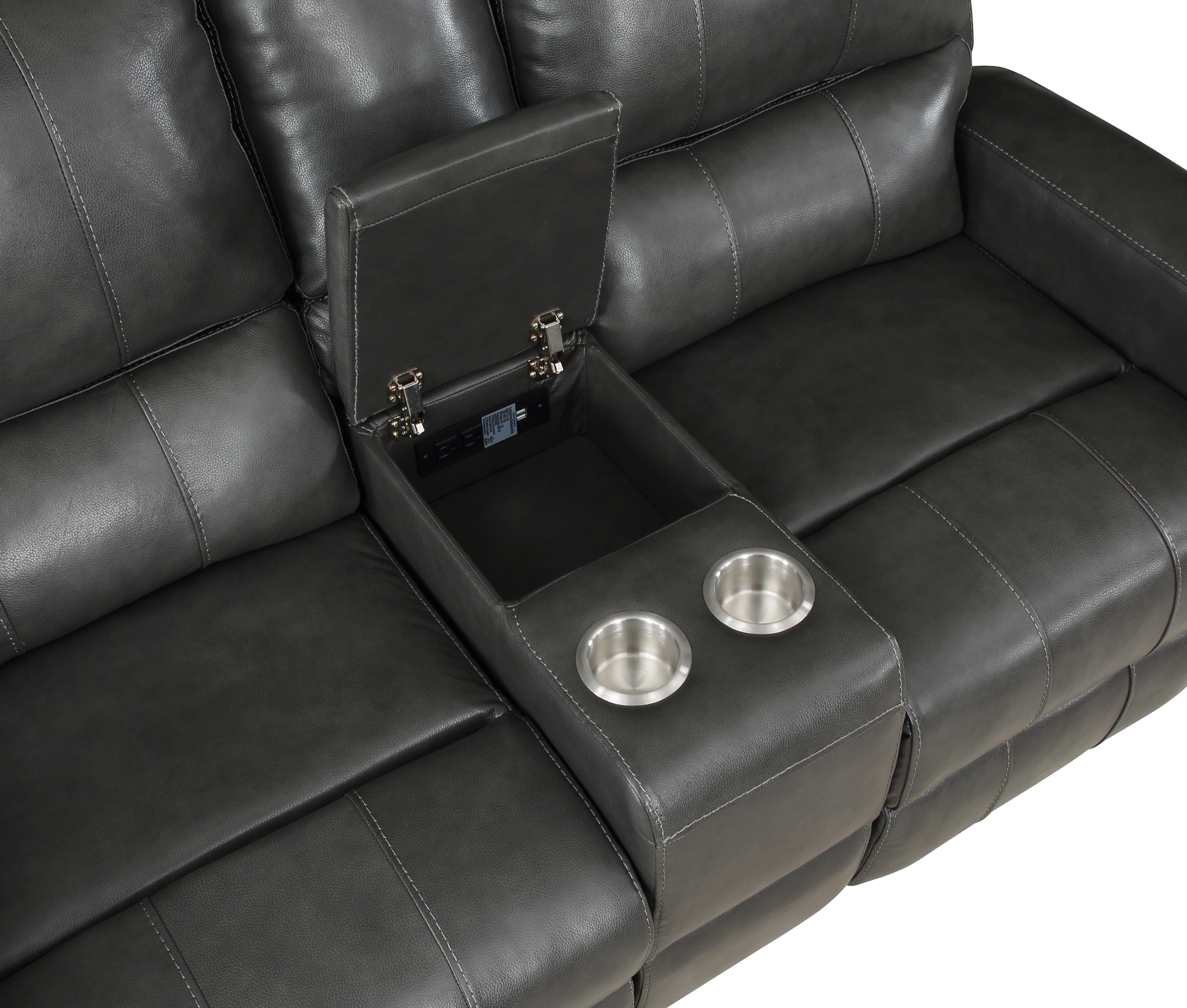 LINTON LEATHER CONSOLE LOVESEAT W/ DUAL RECLINERS-GRAY - Ideal Furniture (Fresno,CA)