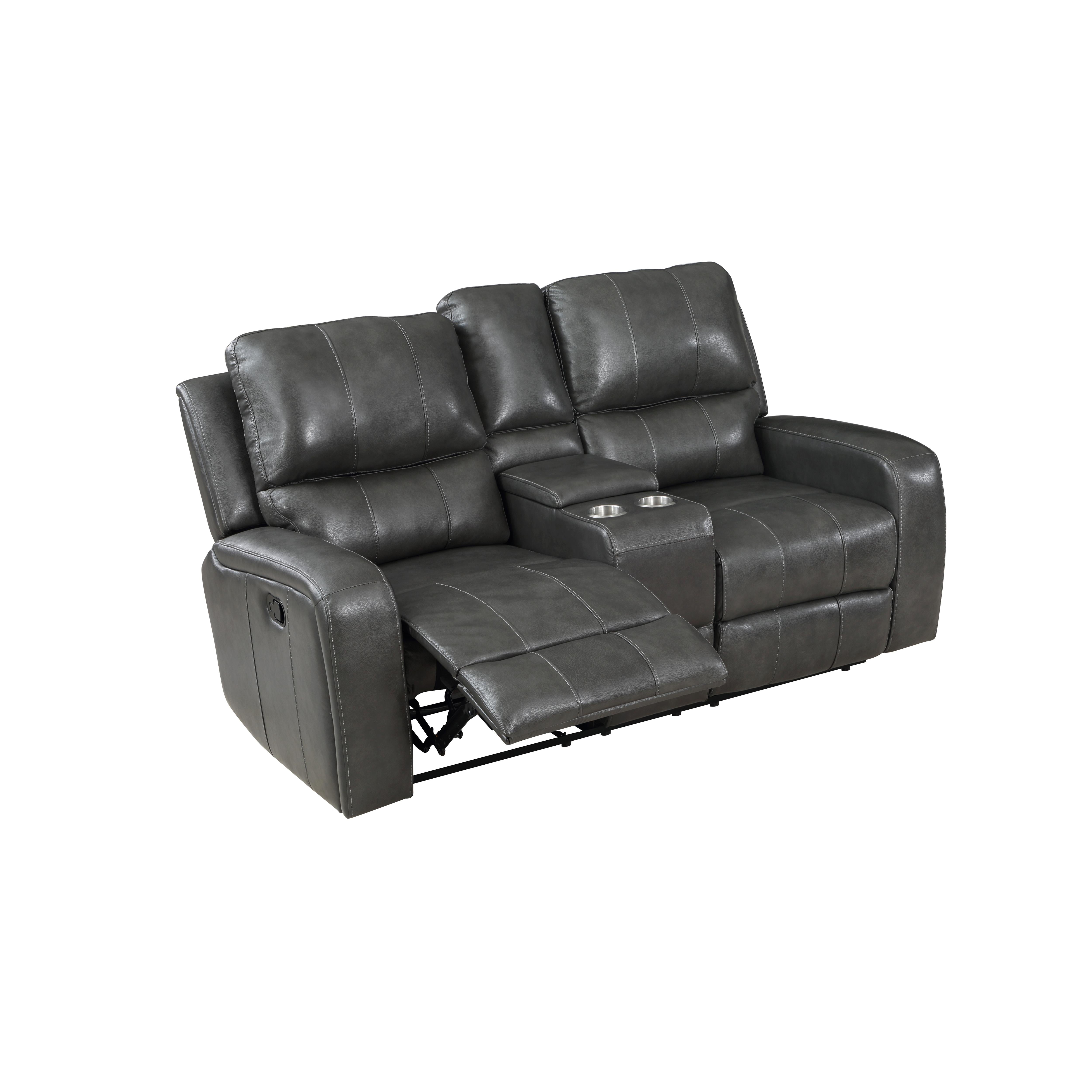 LINTON LEATHER CONSOLE LOVESEAT W/ DUAL RECLINERS-GRAY