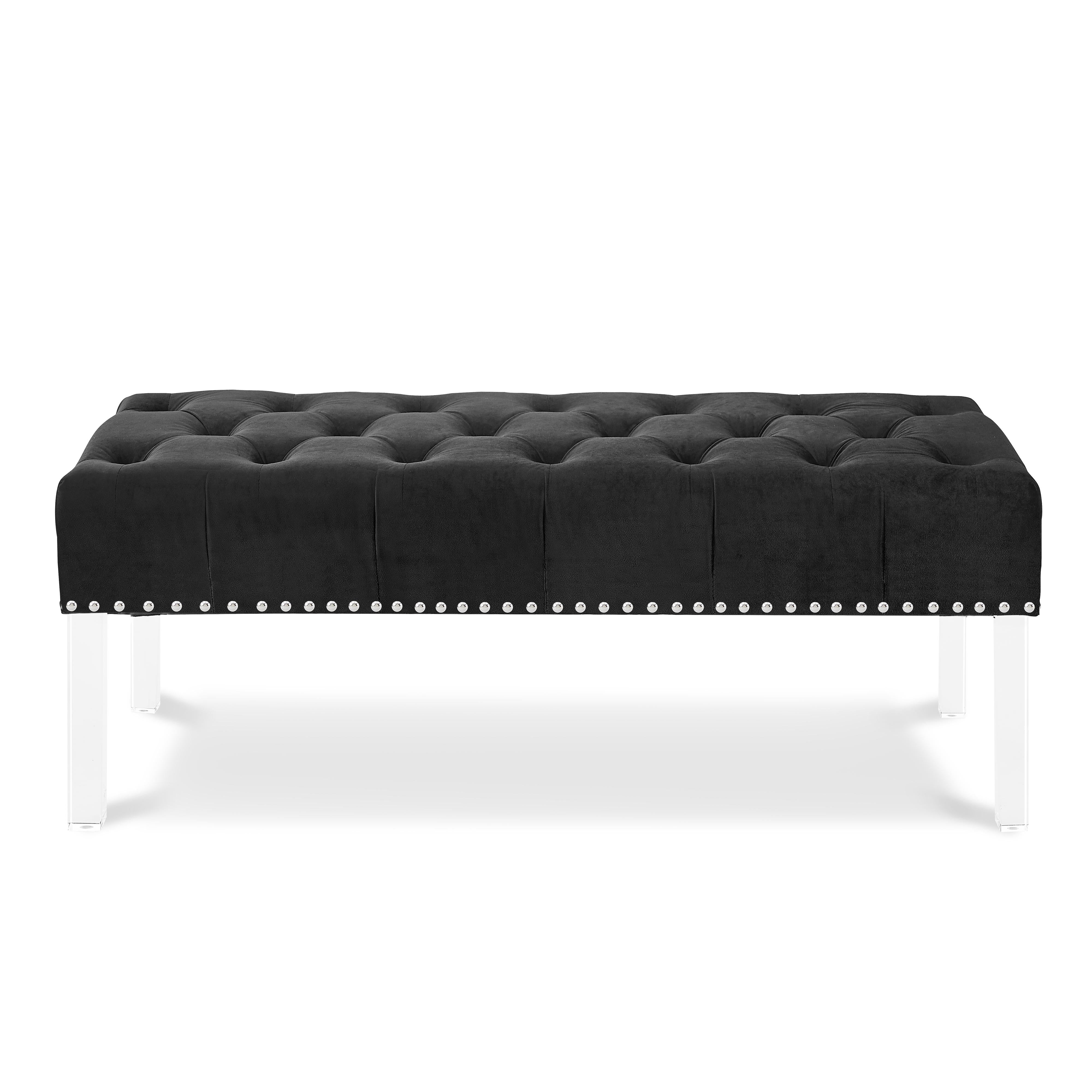 VIVIAN BLACK VELVET BENCH WITH CRYSTAL BUTTONS - Ideal Furniture (Fresno,CA)
