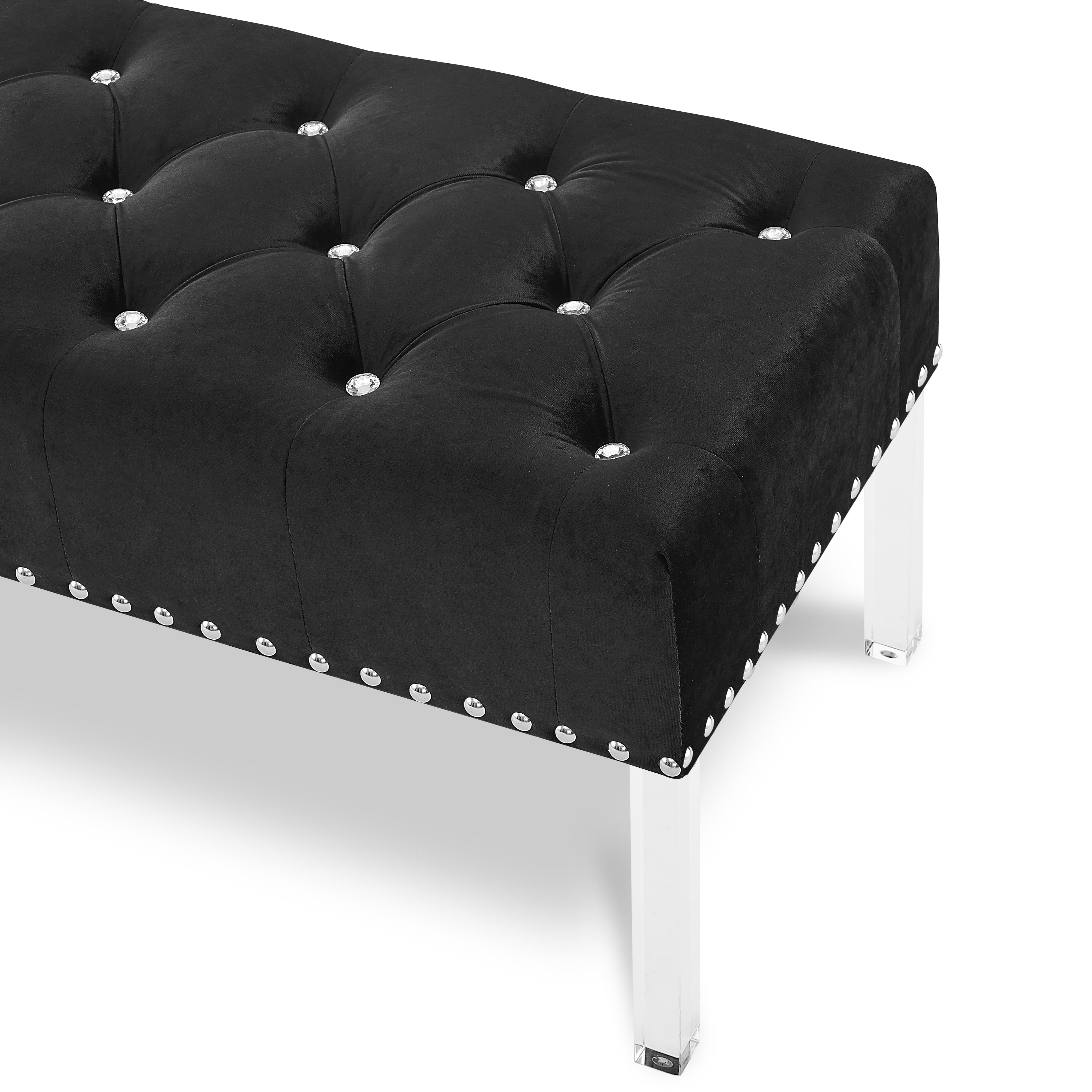 VIVIAN BLACK VELVET BENCH WITH CRYSTAL BUTTONS - Ideal Furniture (Fresno,CA)