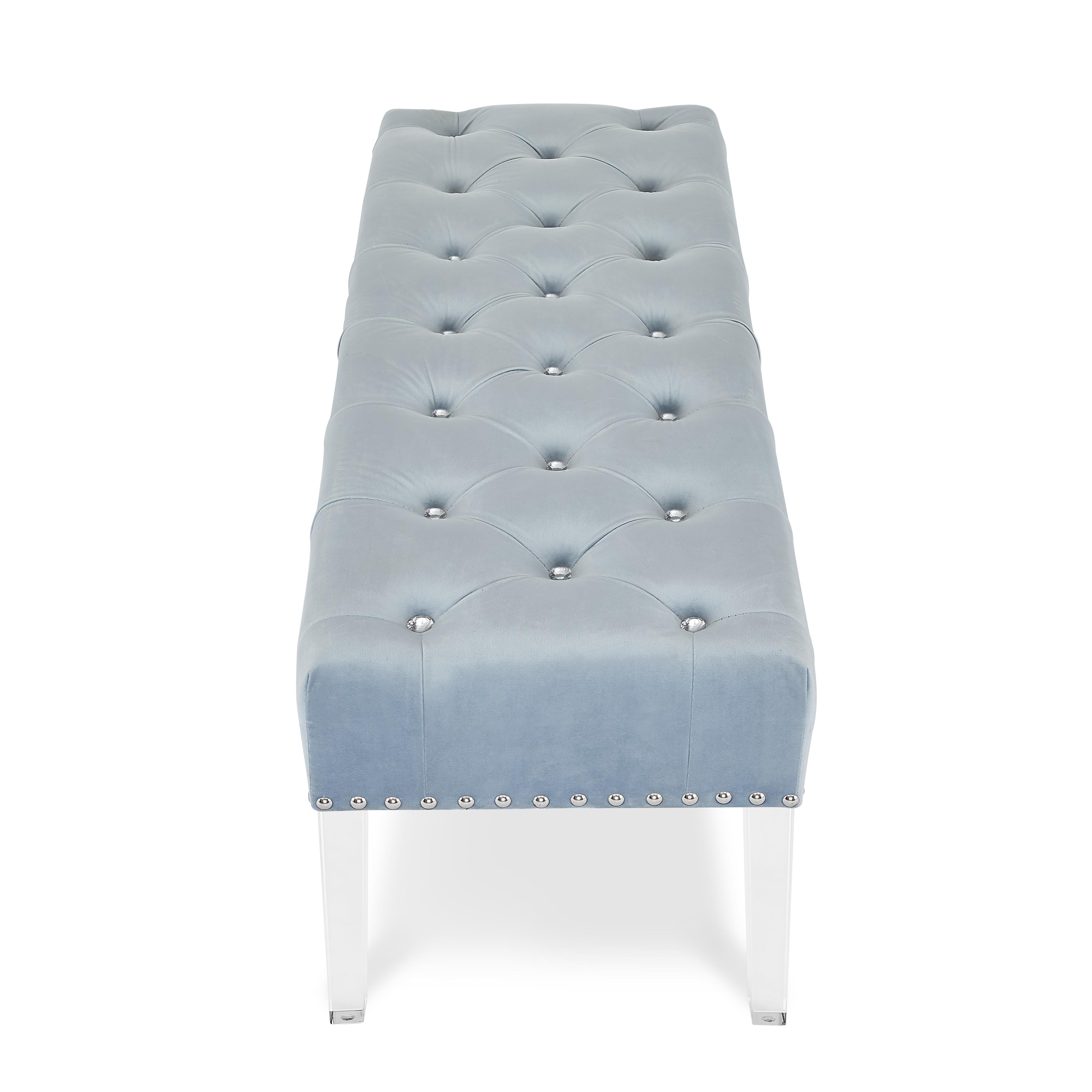 VIVIAN LIGHT BLUE VELVET BENCH WITH CRYSTAL BUTTONS - Ideal Furniture (Fresno,CA)