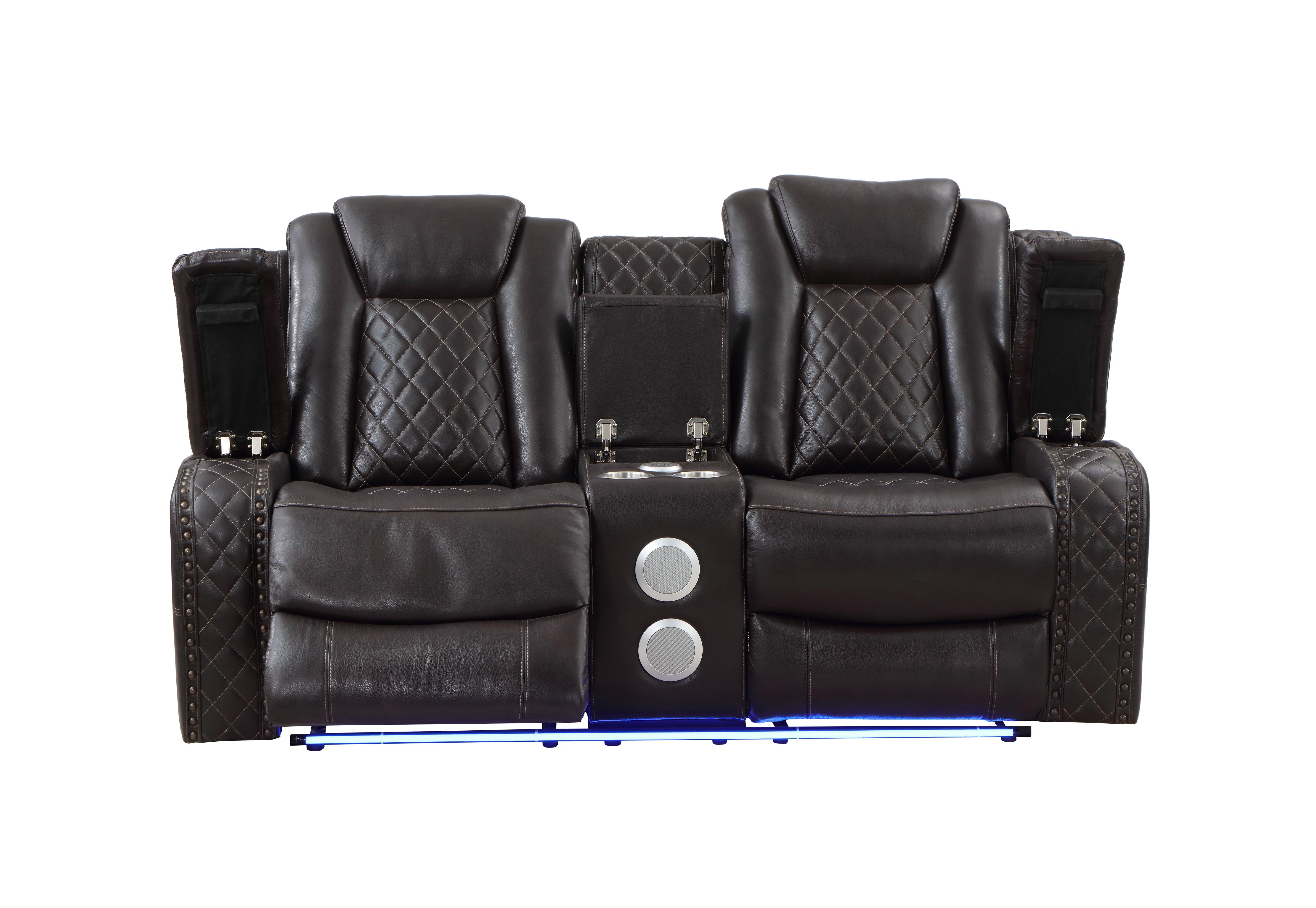 JOSHUA LEATHER CONSOLE LOVESEAT W/ DUAL RECLINERS-DK BROWN - Ideal Furniture (Fresno,CA)
