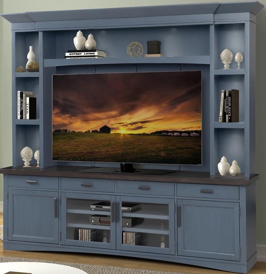 Parker House Americana Modern 92 in. TV Console with Hutch, Back Panel and LED Lights in Denim