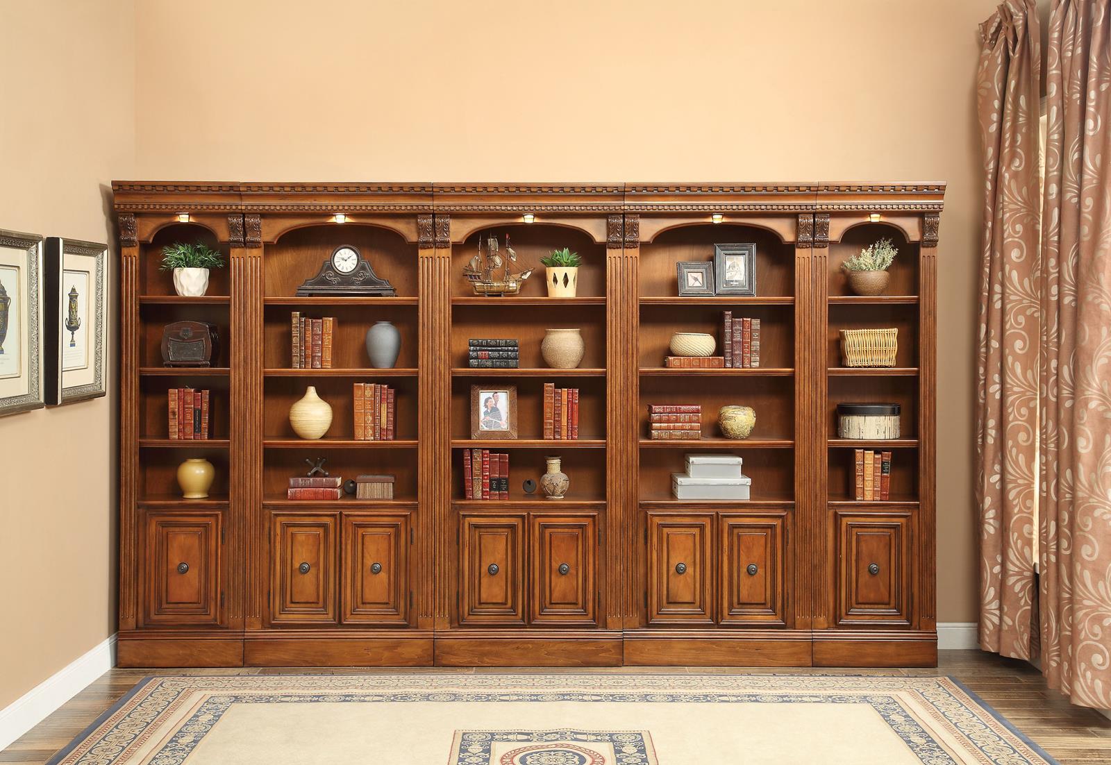 Parker House Huntington 5 Piece Inset Bookcase Wall in Vintage Pecan - Ideal Furniture (Fresno,CA)