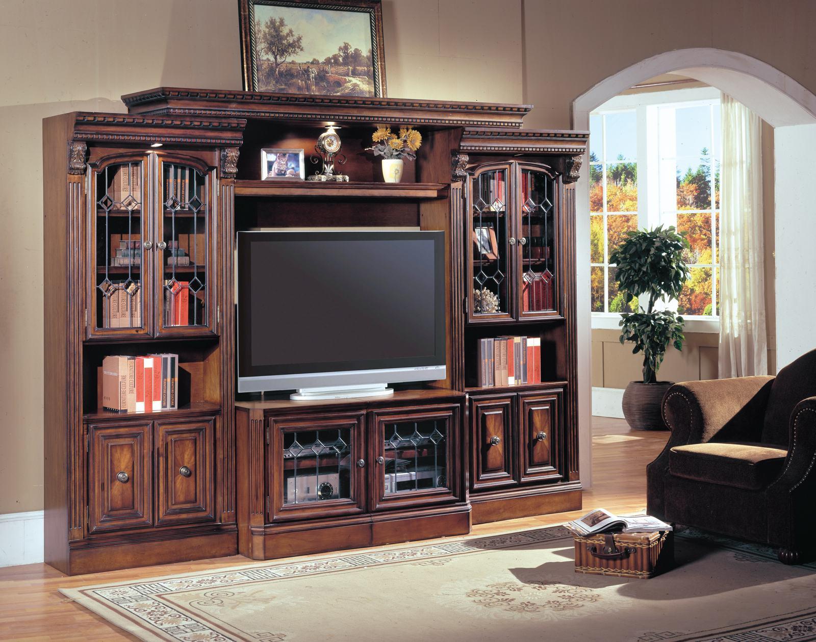 Parker House Huntington Expandable Glass Door Entertainment Wall in Vintage Pecan - Ideal Furniture (Fresno,CA)