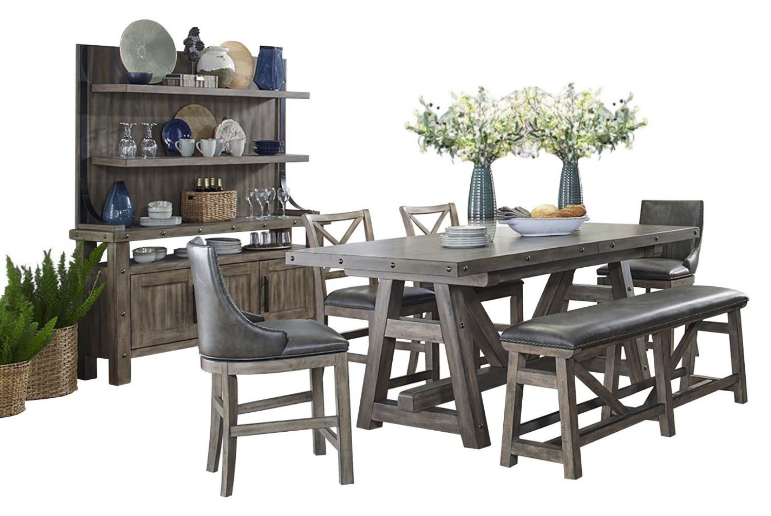 Parker House Lodge Dining Counter Table with 2 Sling Stools 2 X-Back Stools 1 Bench Buffet with Hutch
