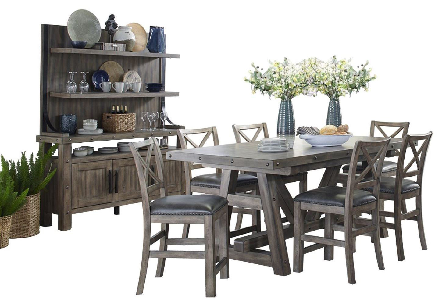 Parker House Lodge Dining Counter Height Extendable Table with 6 Stools and Buffet with Hutch
