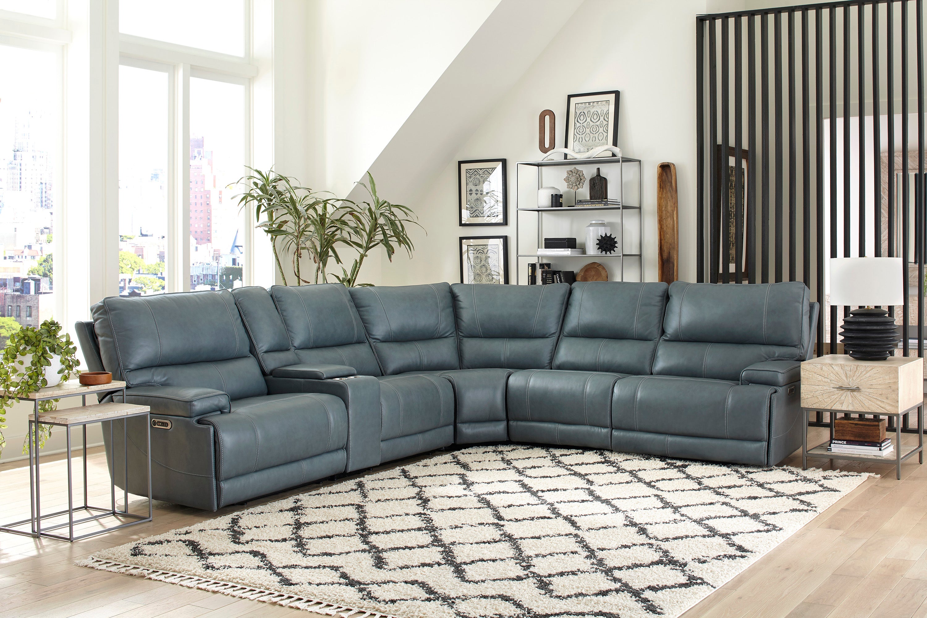 Parker Living Whitman - Verona Azure - Powered By Freemotion 6 Piece Modular Power Reclining Sectional with Power Adjustable Headrests