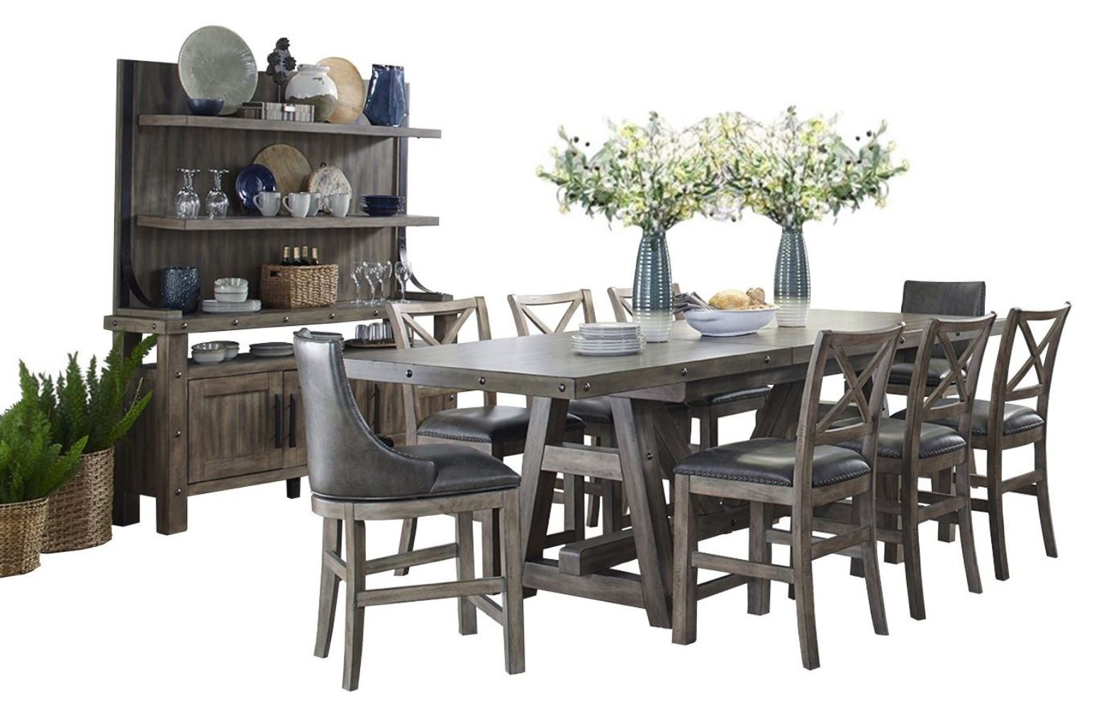 Parker House Lodge Dining Counter Table with 2 Sling Stools 6 X-Back Stools Buffet with Hutch