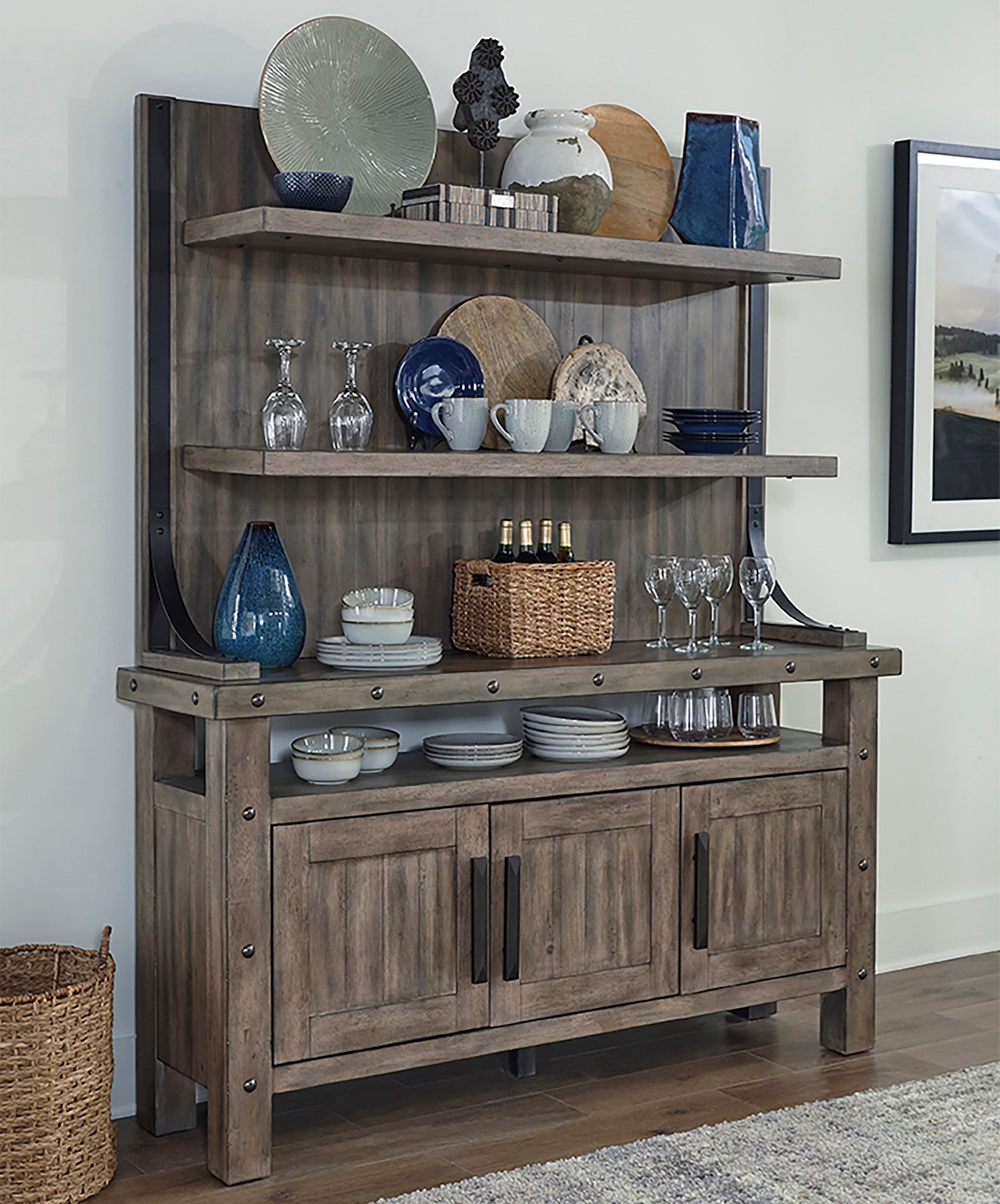 Parker House Lodge Dining Counter Height Extendable Table with 6 Stools and Buffet with Hutch