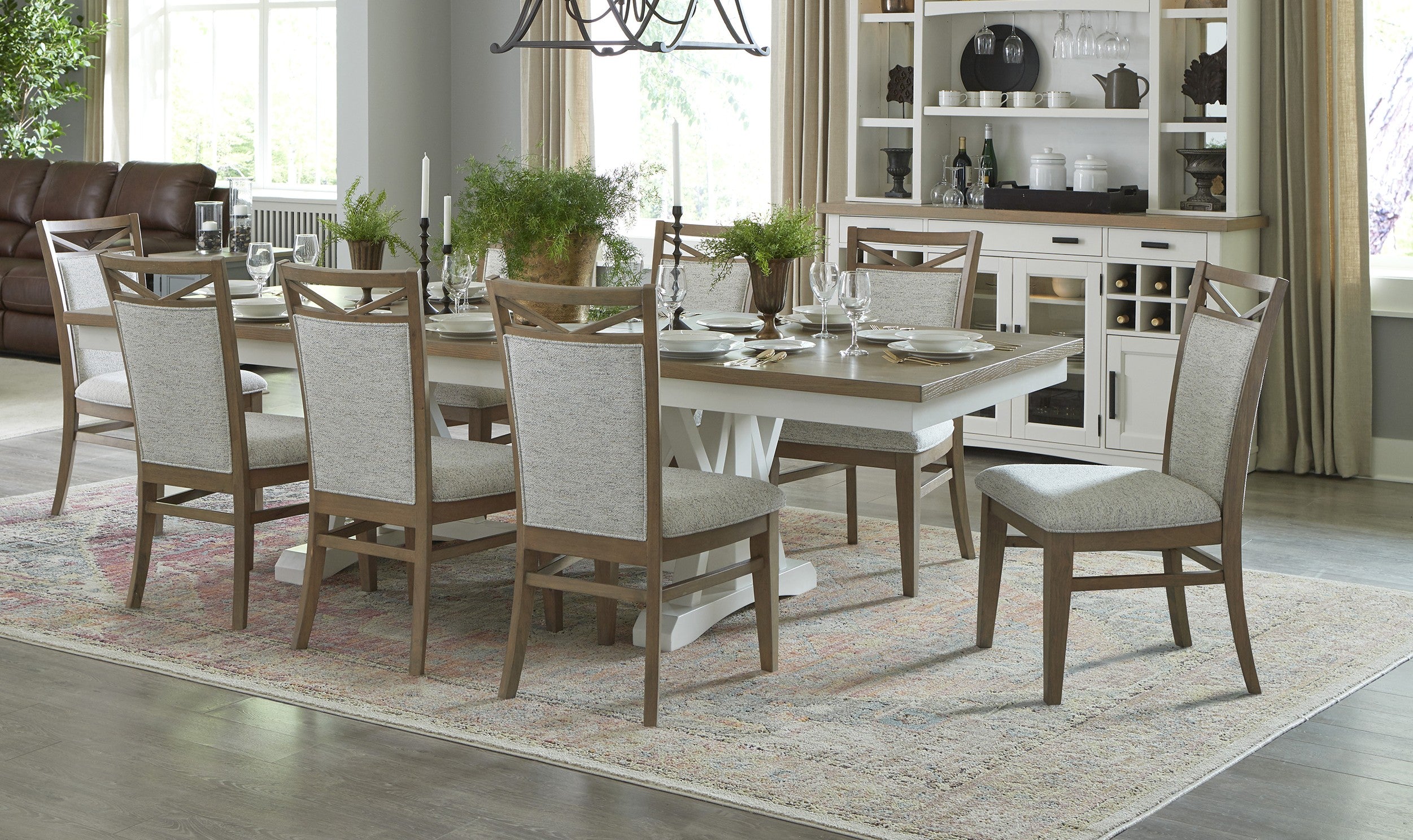 Parker House Americana Modern Dining Extendable Trestle Table with 8 Upholstered Chairs
