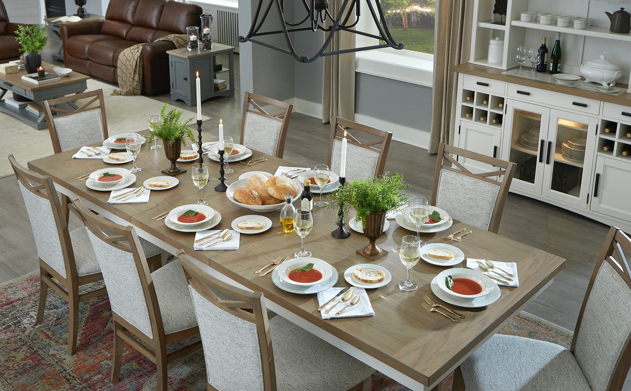 Parker House Americana Modern Dining Extendable Trestle Table with 8 Upholstered Chairs