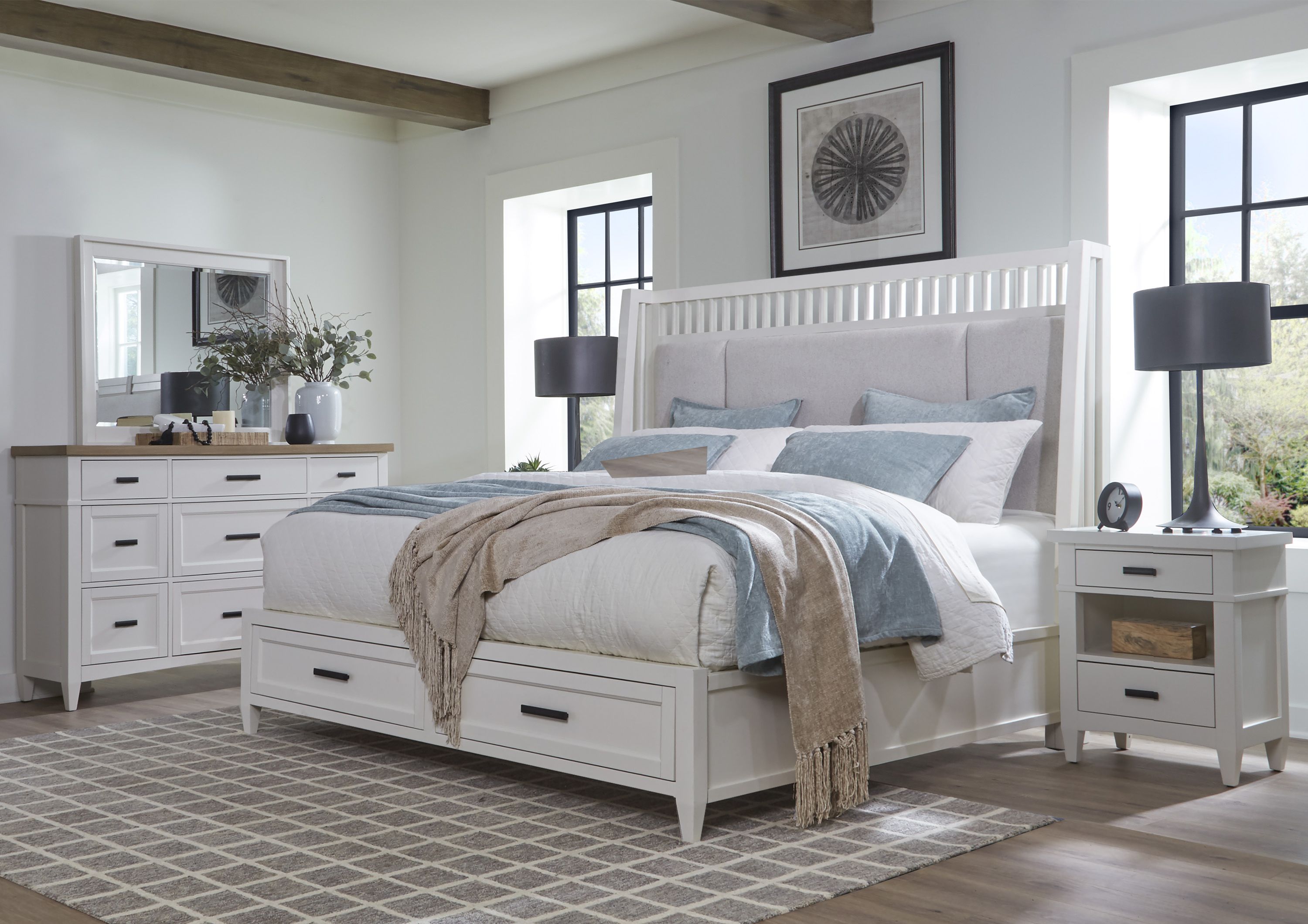 Parker House Americana Modern Bedroom Queen Shelter Bed 2 Nightstands and Dresser with Mirror