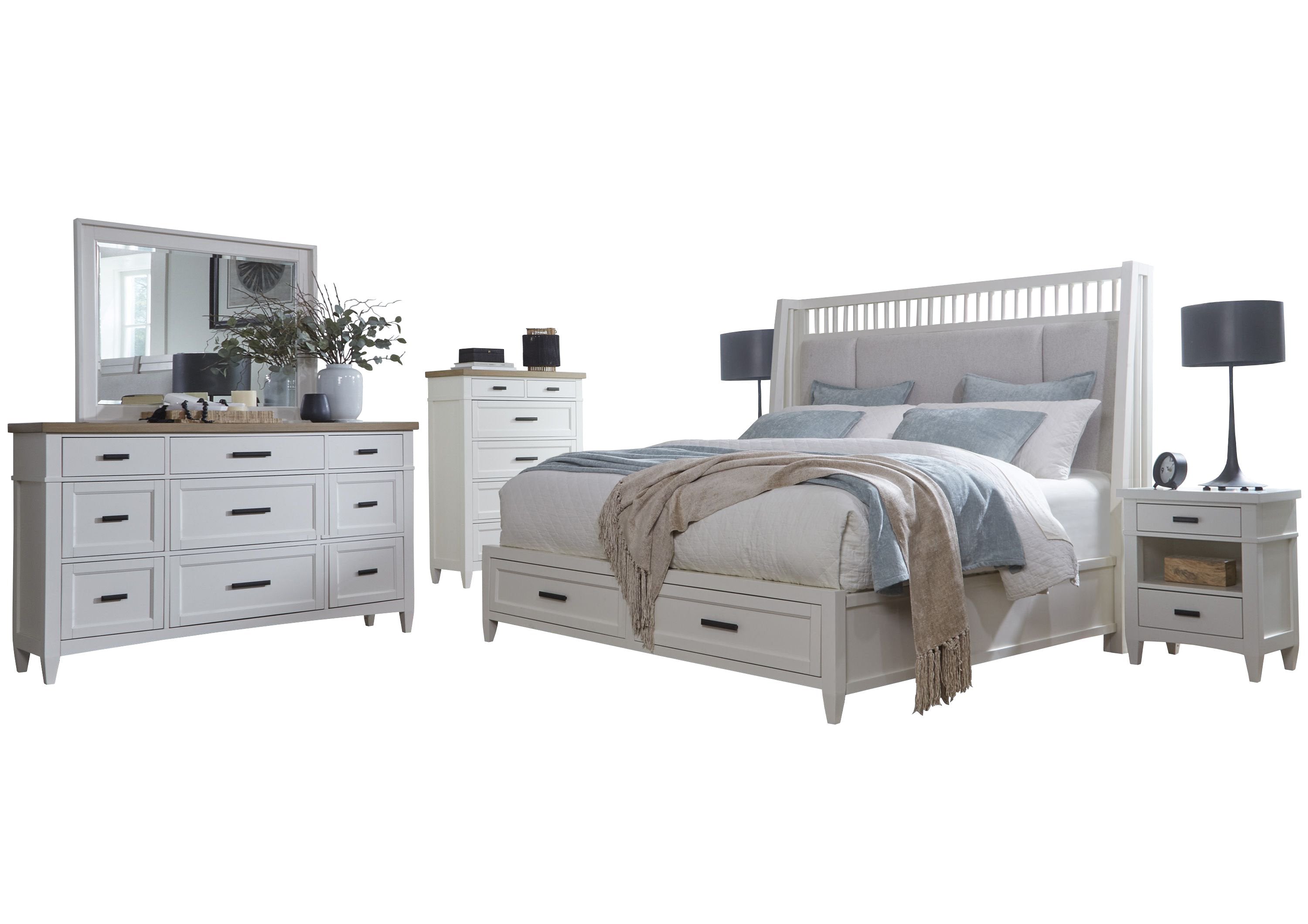 Parker House Americana Modern Bedroom King Shelter Bed 2 Nightstands Dresser with Mirror and Chest