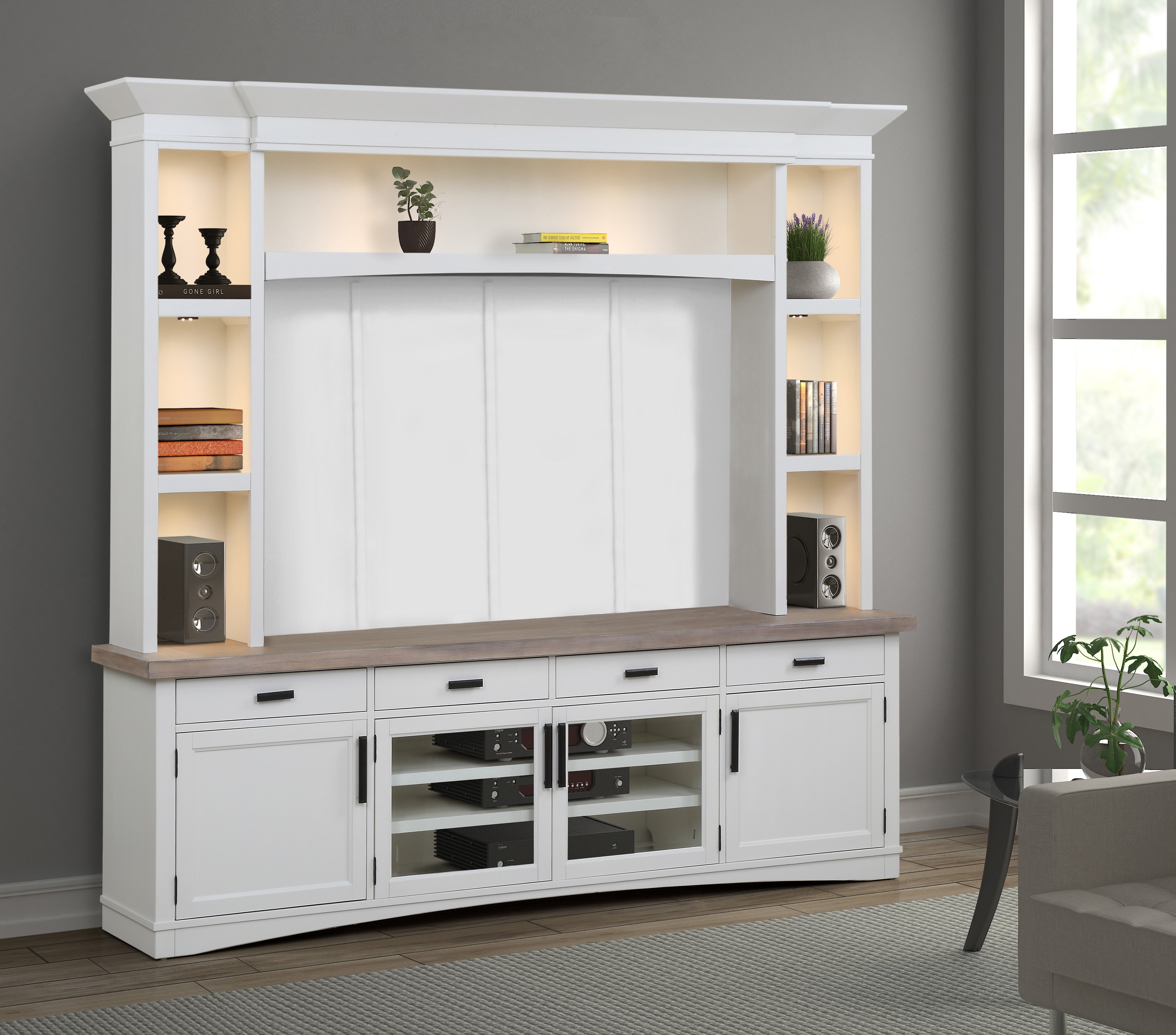 Parker House Americana Modern - Cotton 92 In. TV Console with Hutch Back Panel and LED Lights