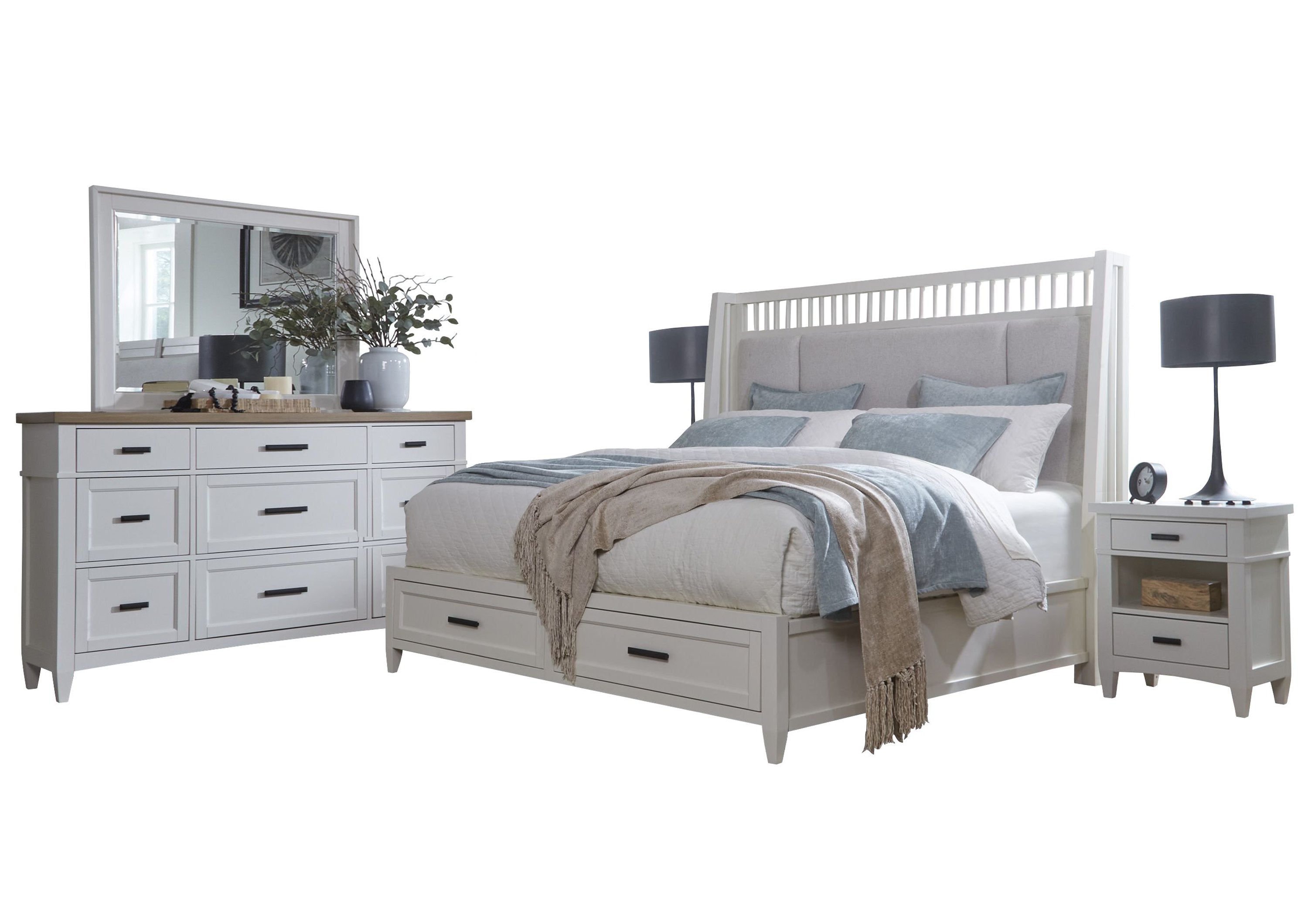 Parker House Americana Modern Bedroom King Shelter Bed with 2 Nightstands and Dresser with Mirror