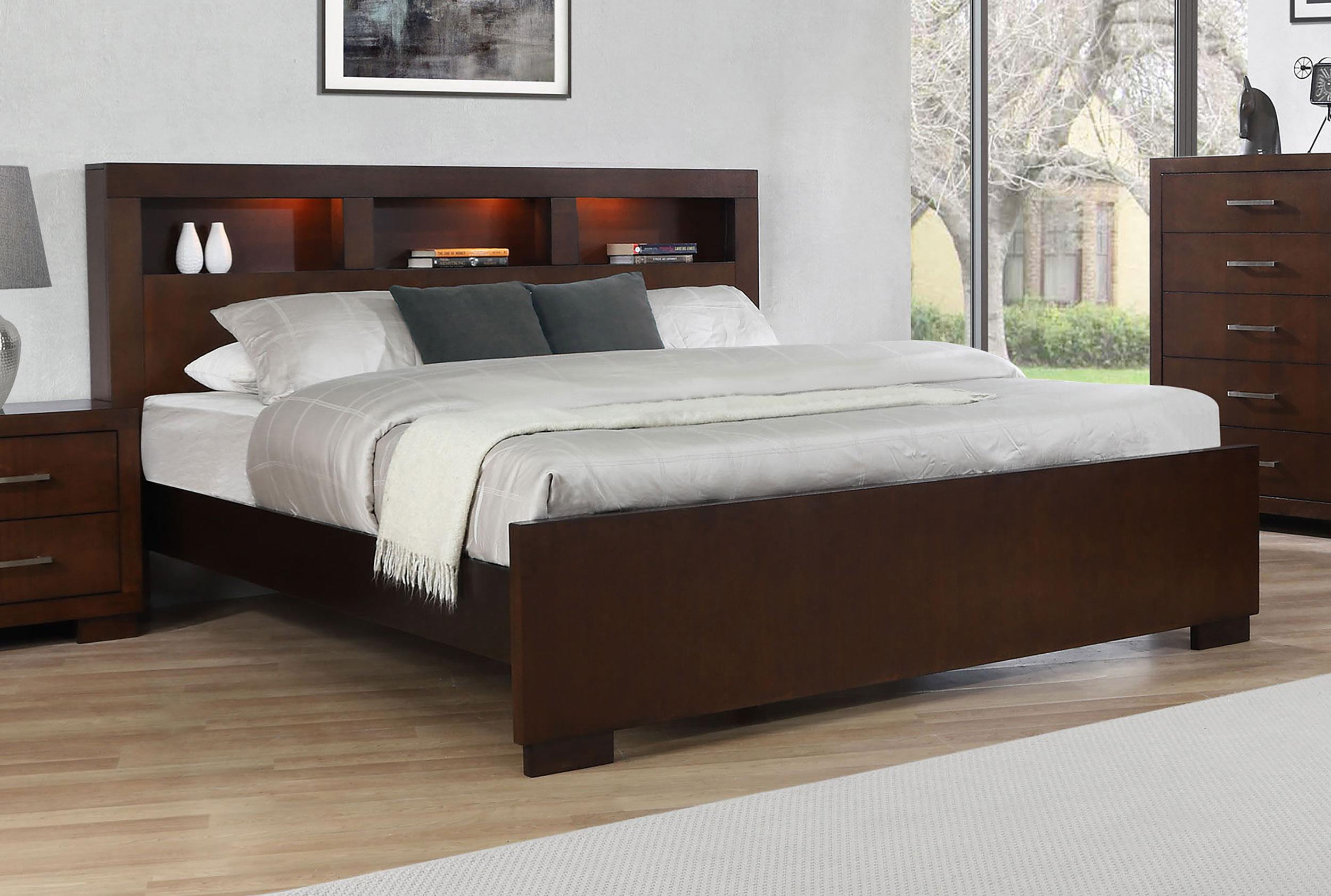 Jessica California King, E.king, & Queen Bed with Storage Headboard Cappuccino - Ideal Furniture (Fresno,CA) 