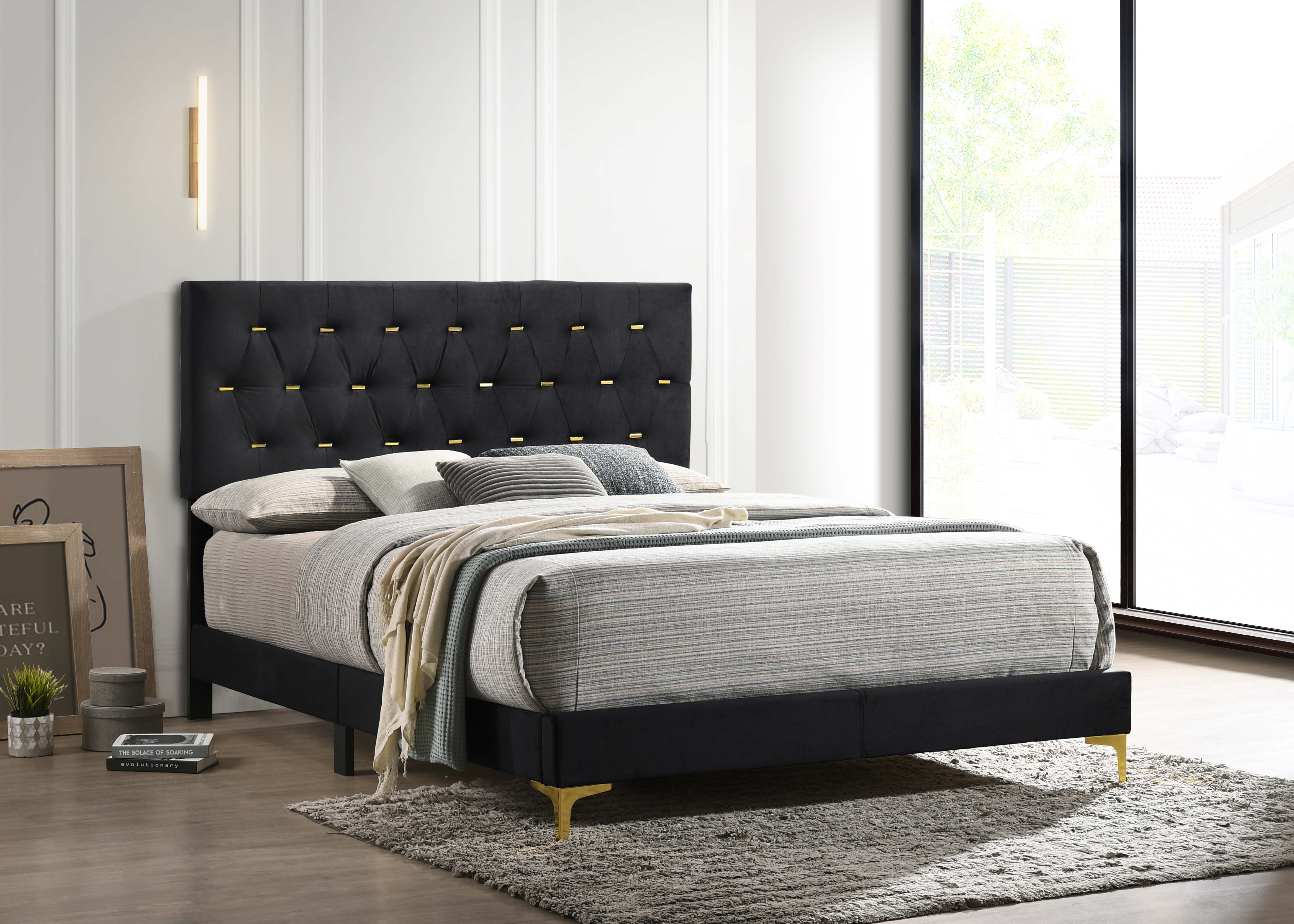 Kendall Tufted Panel Bed Black and Gold - Ideal Furniture (Fresno,CA) 