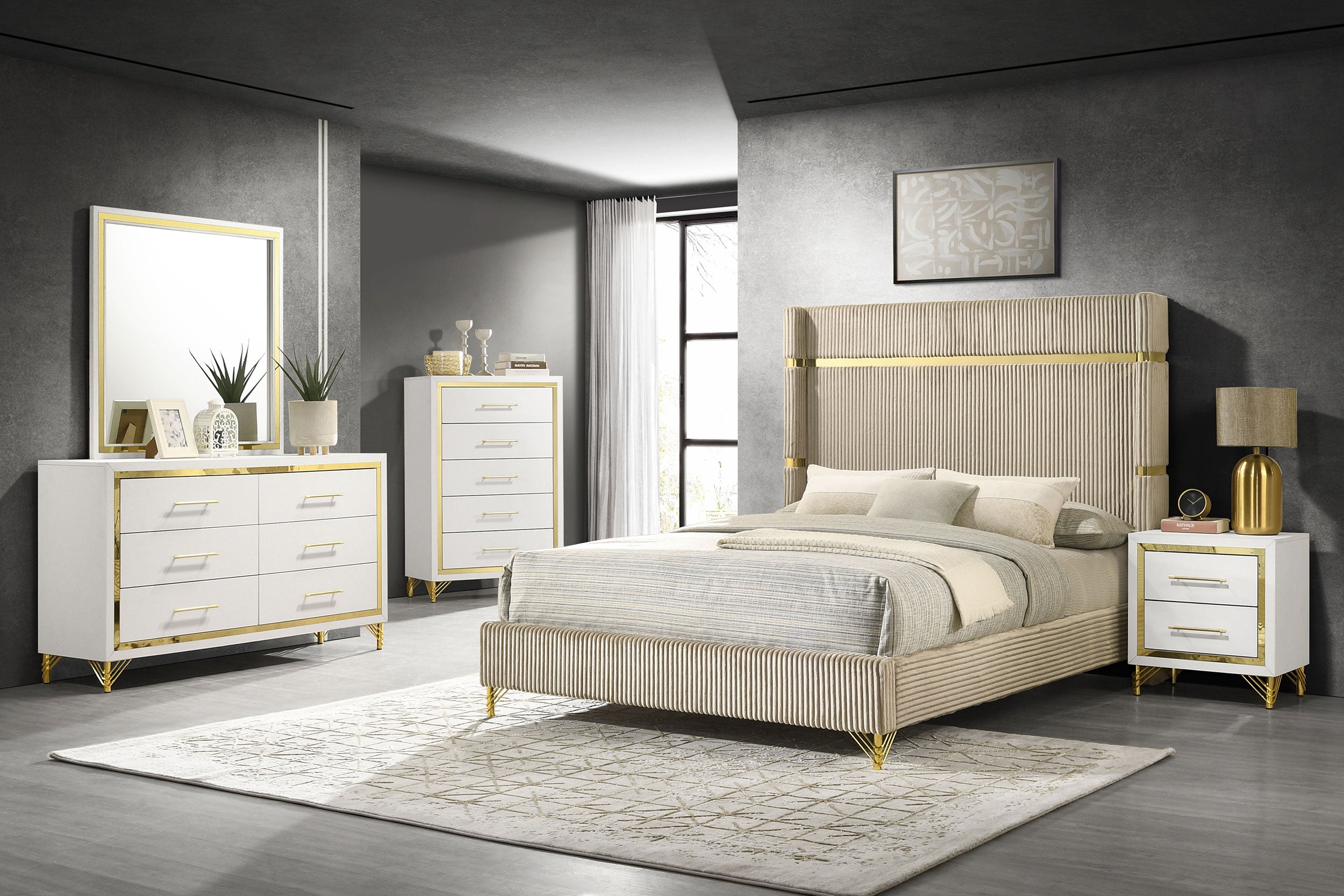 Lucia 4 & 5 Piece Bedroom Set King & Queen Beige & Grey - Ideal Furniture (Fresno,CA) 