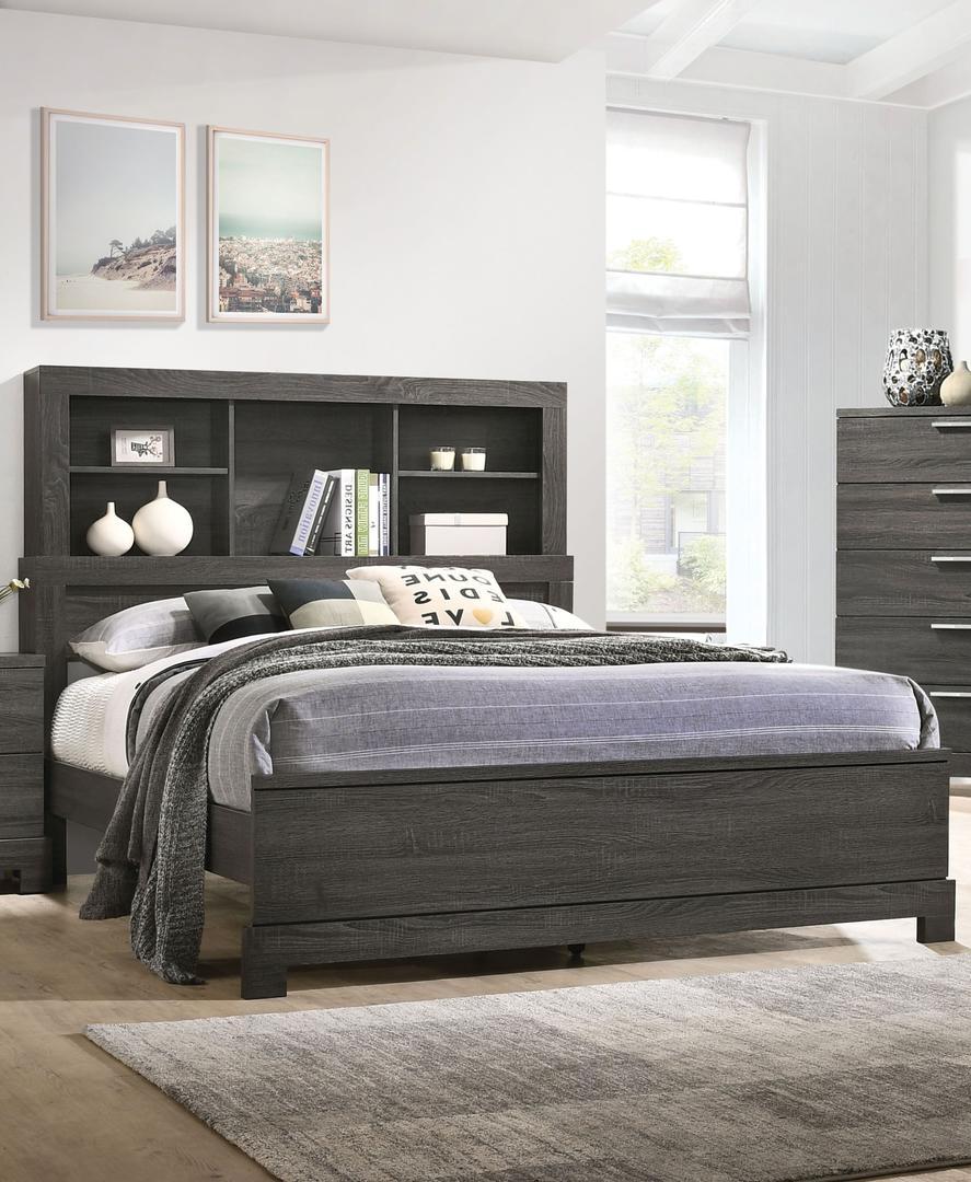Acme Furniture Lantha Queen Bookcase Panel Bed in Grey Oak 22030Q - Ideal Furniture (Fresno,CA) 