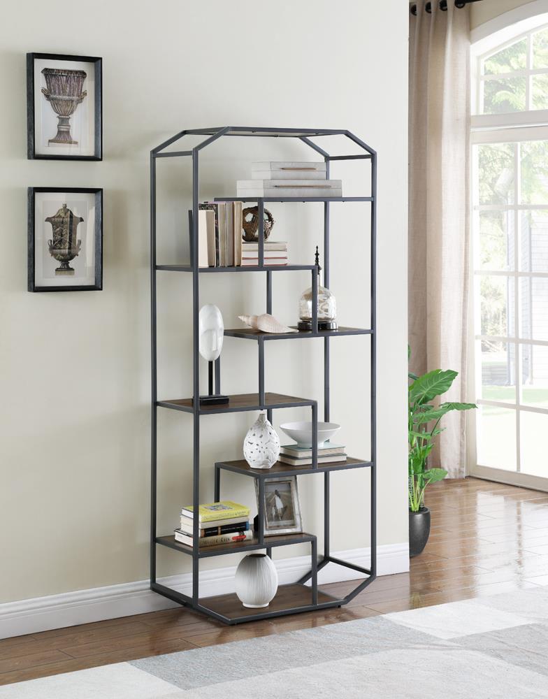 Leland 6-shelf Bookcase Rustic Brown and Dark Grey - Ideal Furniture (Fresno,CA) 