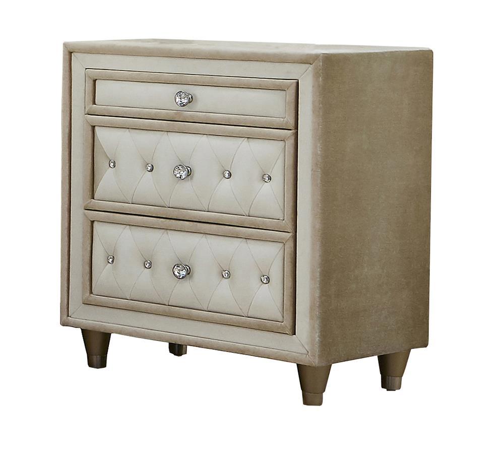 Antonella 3-drawer Upholstered Nightstand Ivory and Camel