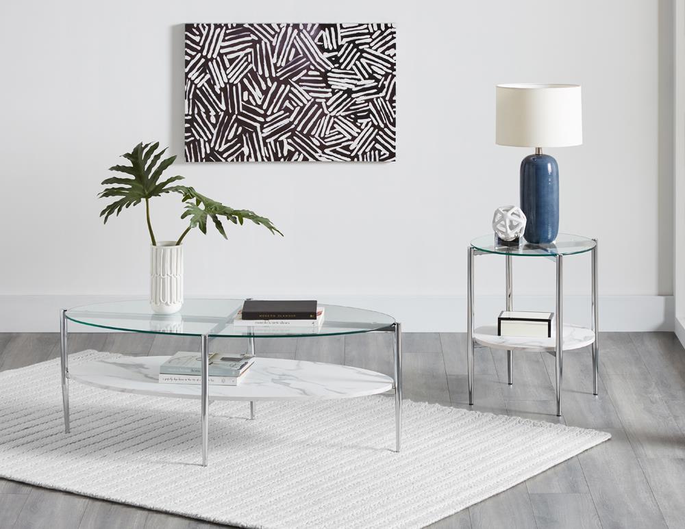 Cadee Round Glass Top Coffee Table White and Chrome - Ideal Furniture (Fresno,CA) 
