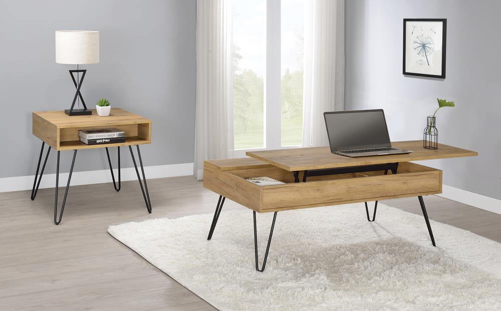 Fanning Lift Top Storage Coffee Table Golden Oak and Black - Ideal Furniture (Fresno,CA) 