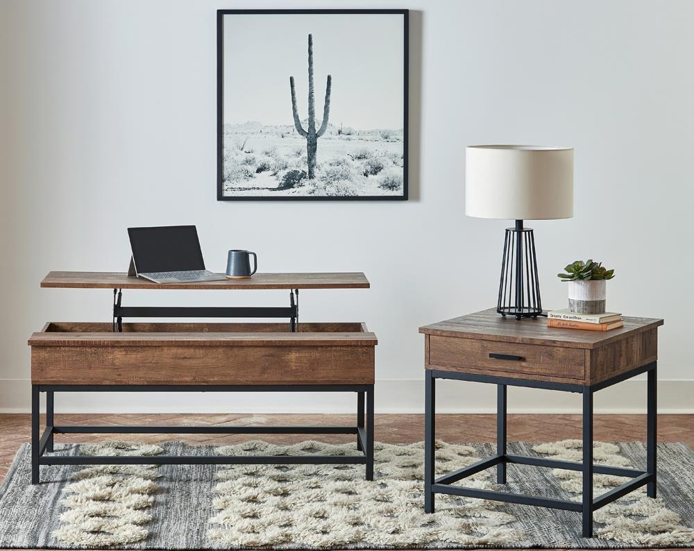 Byers Black Coffee Table with Hidden Storage Brown Oak and Sandy Black - Ideal Furniture (Fresno,CA) 
