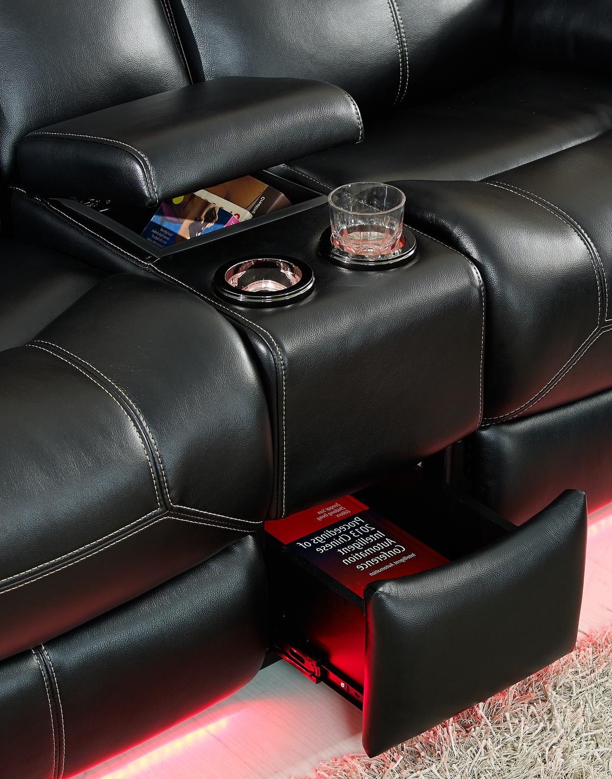 New Classic Flynn Power Console Loveseat (Lights) in Premier Black - Ideal Furniture (Fresno,CA) 
