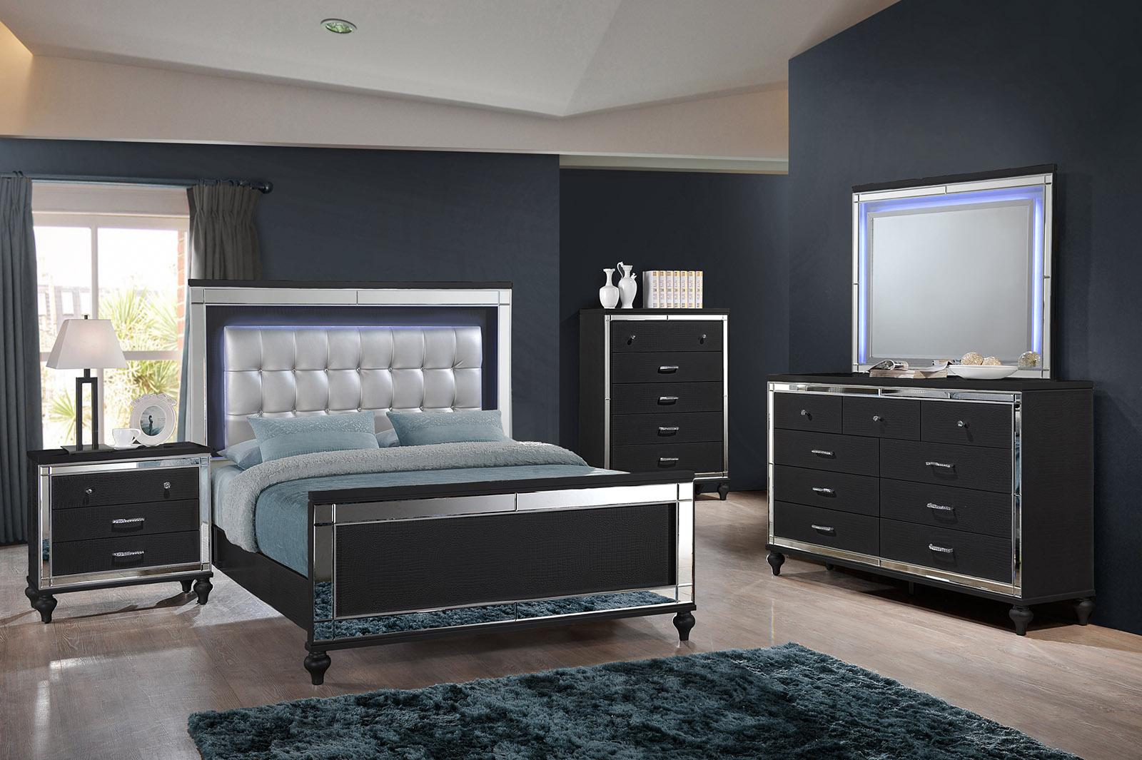 New Classic Furniture Valentino Queen Lighted Panel Bed in Black - Ideal Furniture (Fresno,CA) 