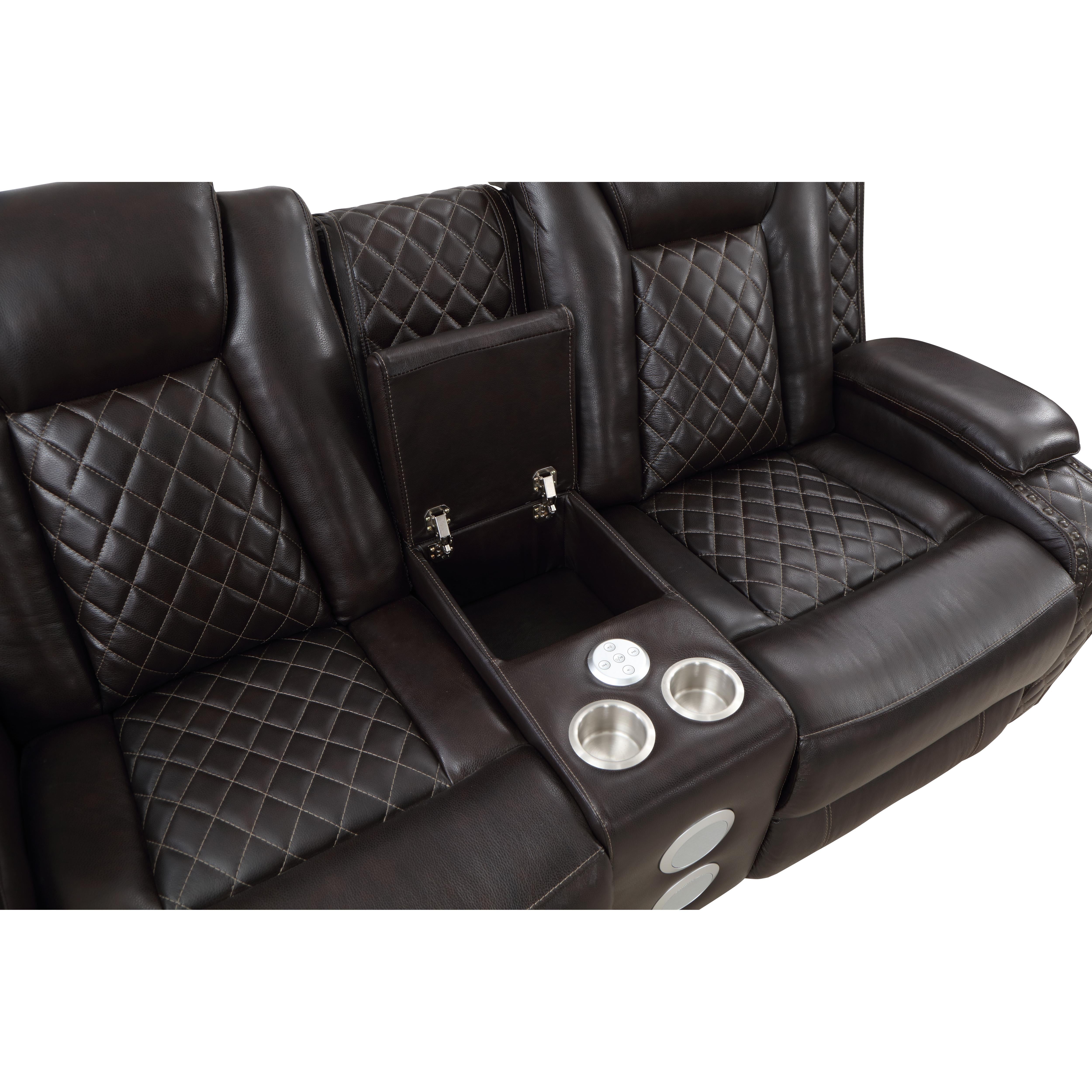 JOSHUA LEATHER CONSOLE LOVESEAT W/ PWR FR & HR-DK BROWN