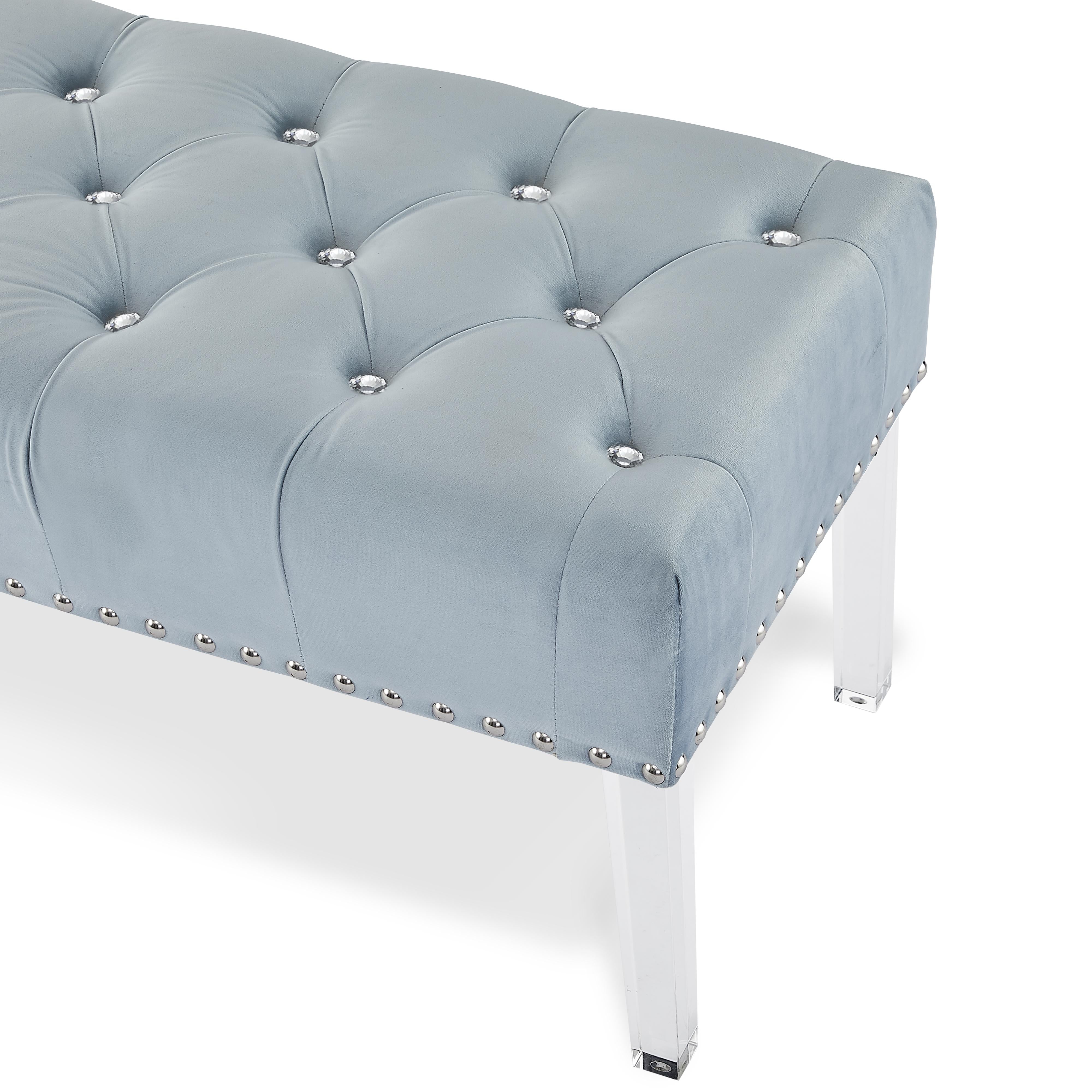 VIVIAN LIGHT BLUE VELVET BENCH WITH CRYSTAL BUTTONS - Ideal Furniture (Fresno,CA) 